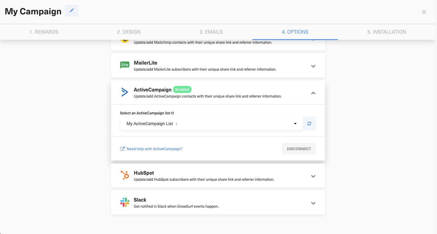 GrowSurf ActiveCampaign integration with a synced list selected
