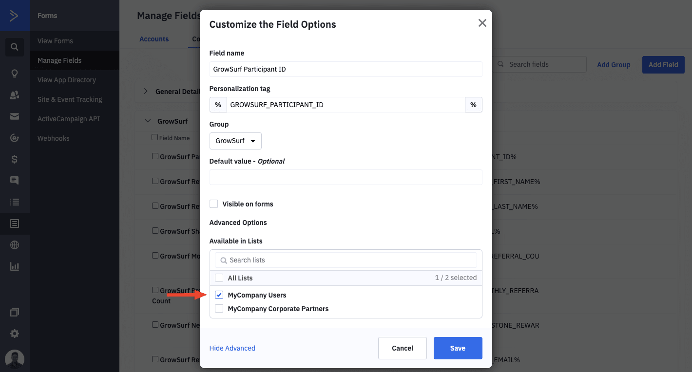 ActiveCampaign field options showing a GrowSurf field assigned to a list