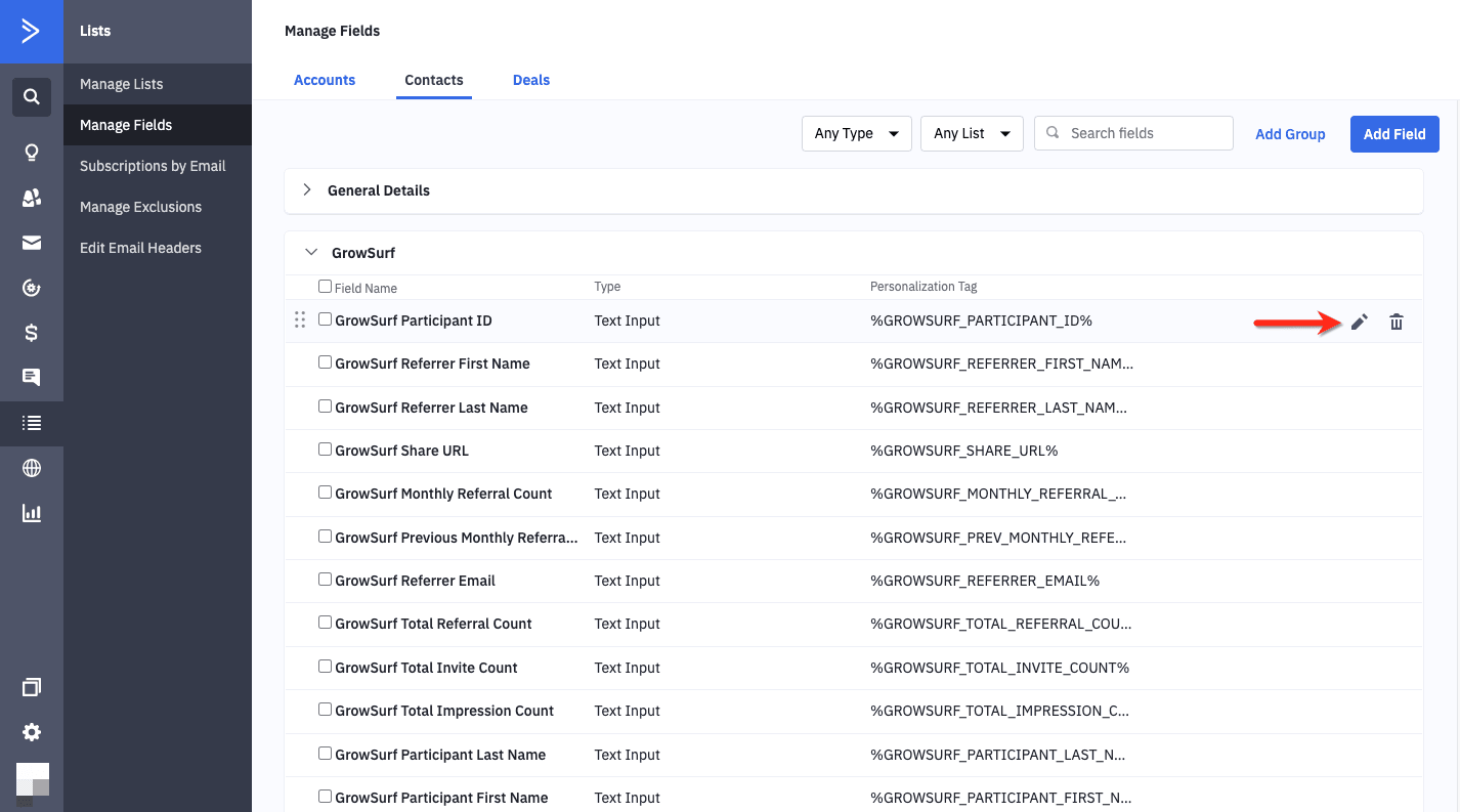 ActiveCampaign custom fields screen showing GrowSurf fields and personalization tags