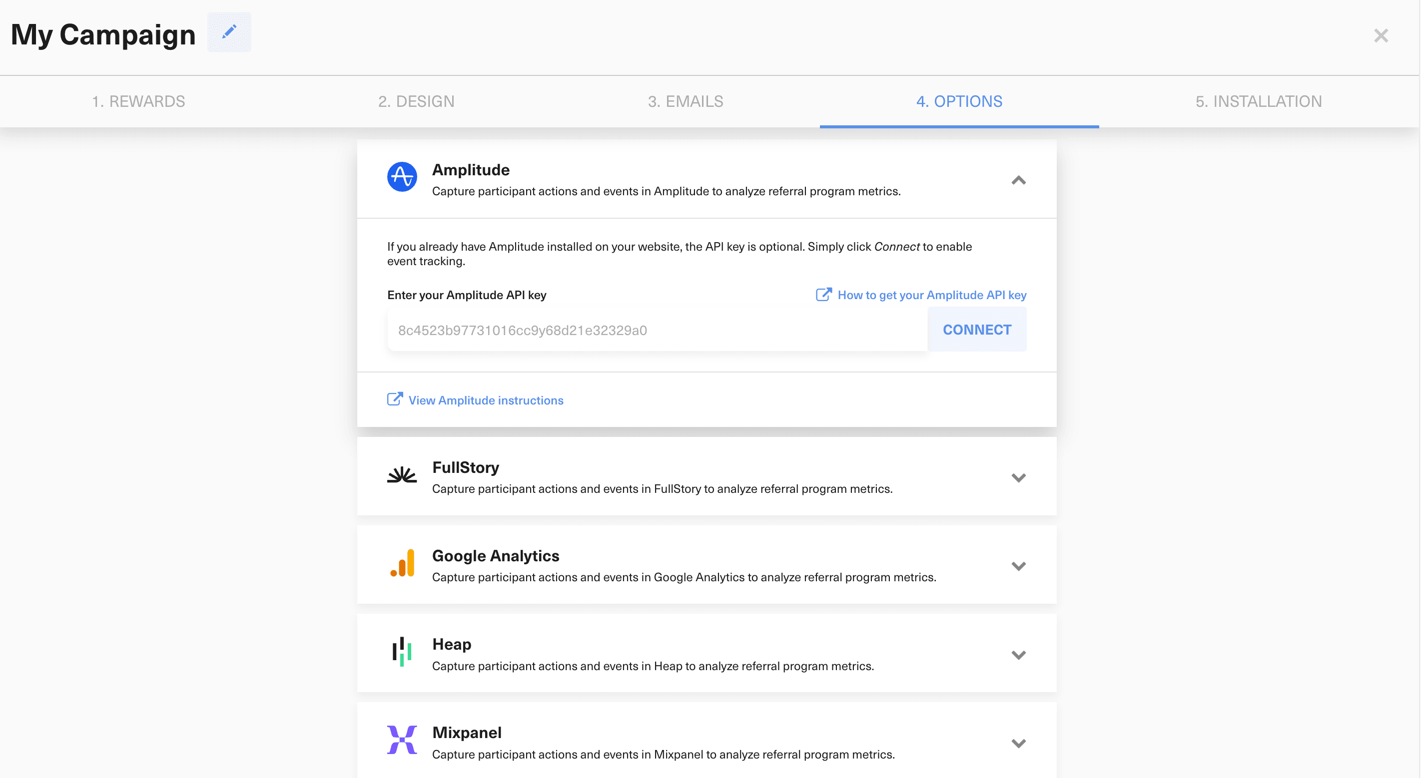 GrowSurf campaign editor with the Amplitude integration card open