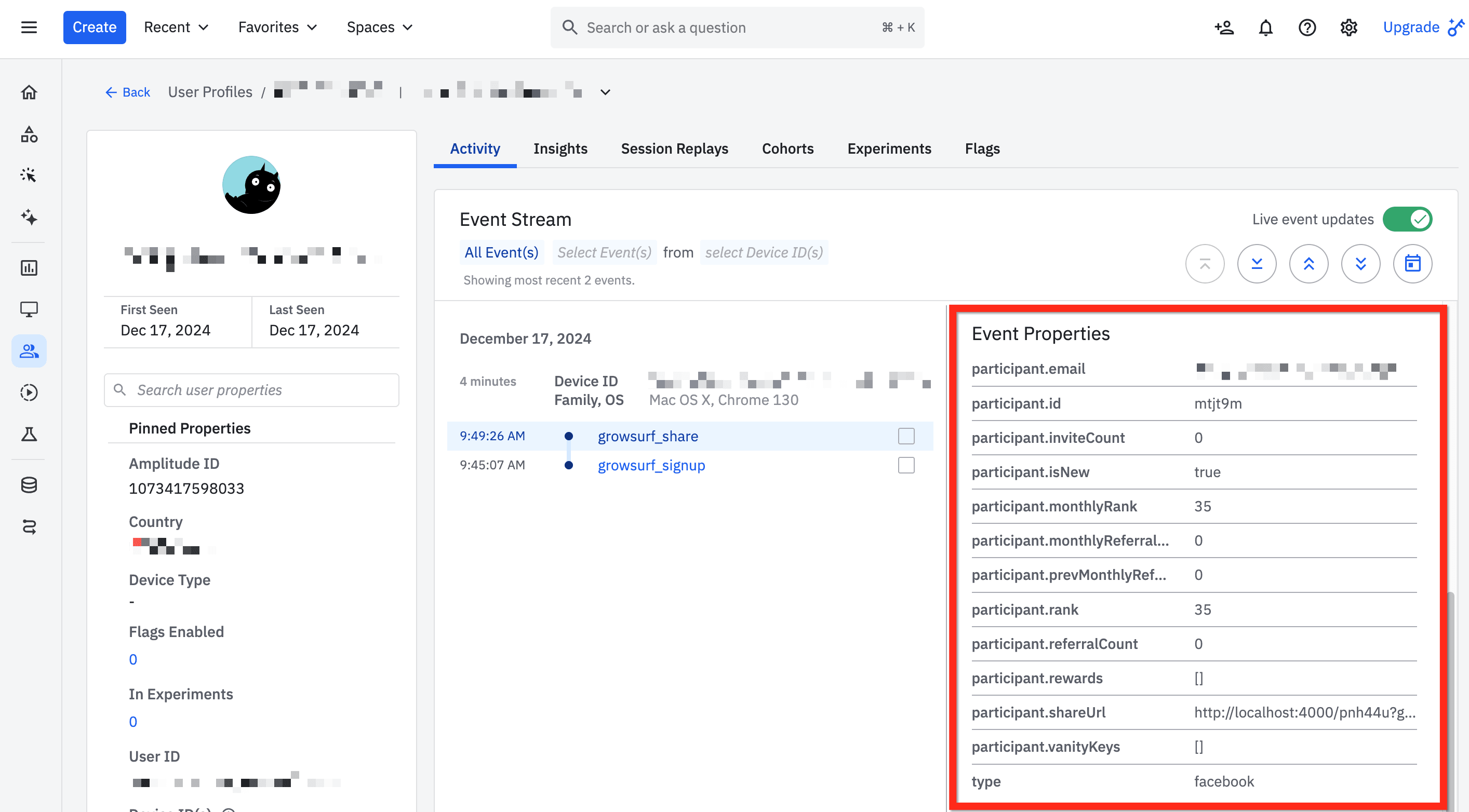 Amplitude user profile showing GrowSurf event properties such as participant email and share URL