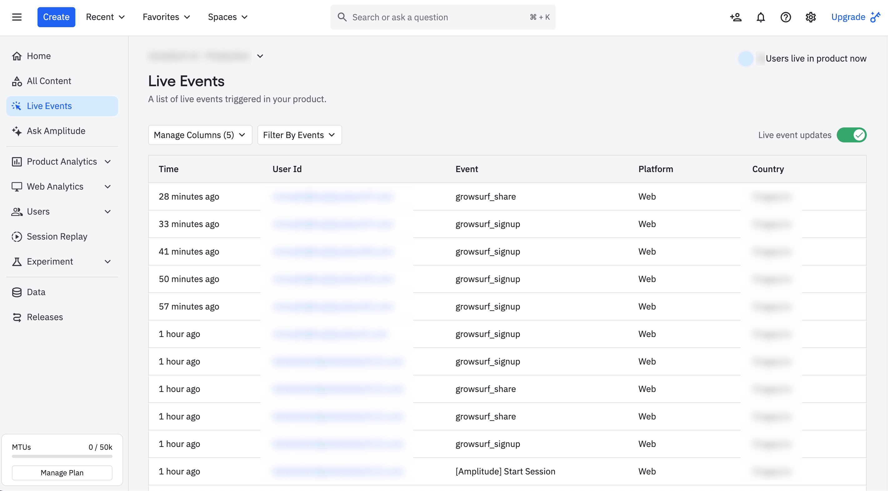 Amplitude Live Events view with GrowSurf referral events arriving in sequence