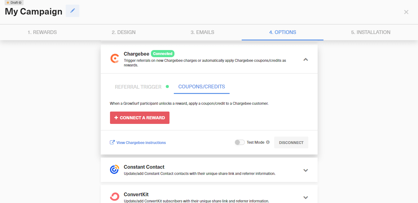 Connect a reward in the Chargebee coupons and credits tab in GrowSurf