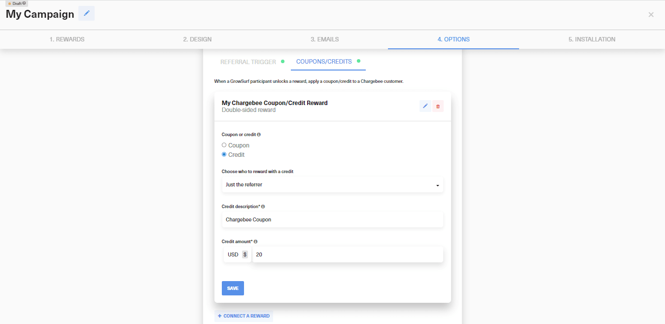 Chargebee credit reward settings inside GrowSurf