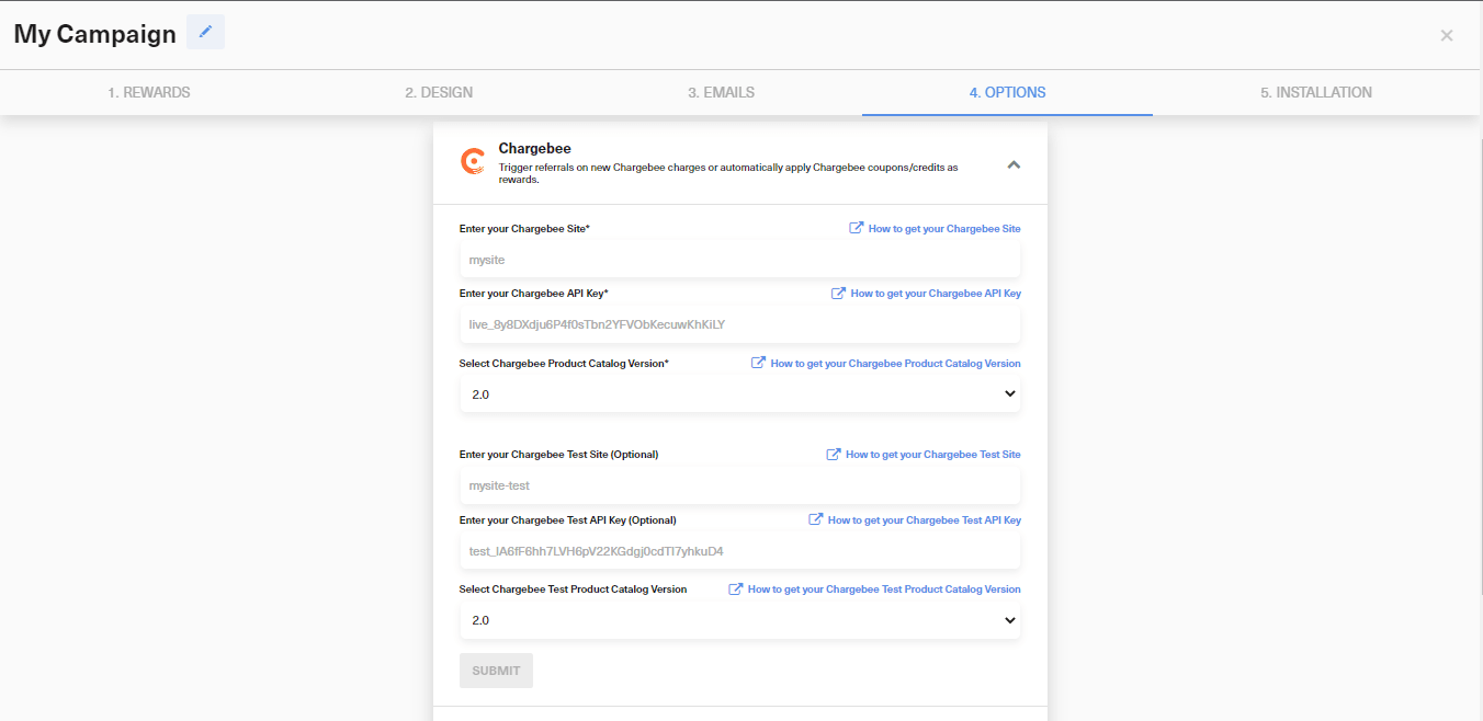 Chargebee integration settings in the GrowSurf campaign editor