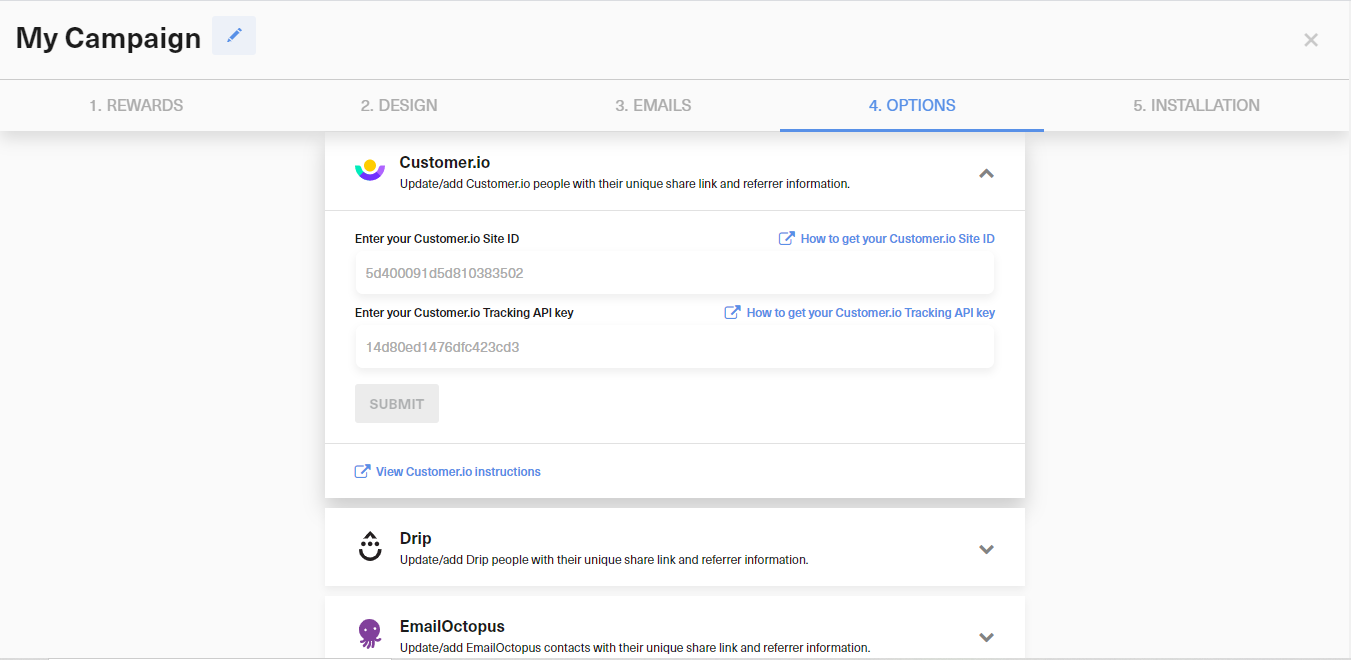 Customer.io integration settings in the GrowSurf campaign editor