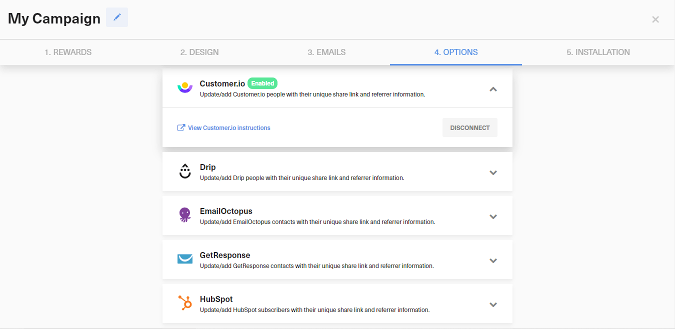Connected Customer.io integration state in GrowSurf