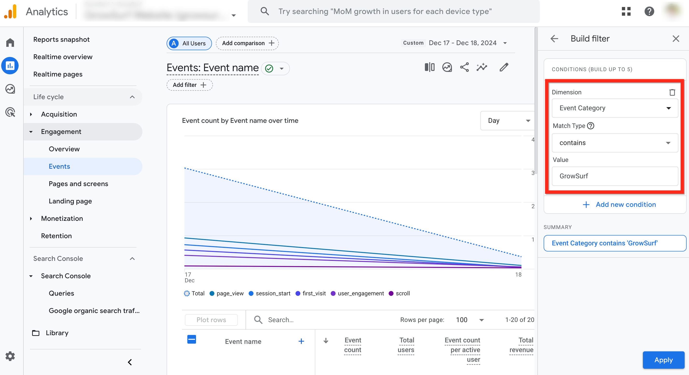 Google Analytics events report showing GrowSurf referral event filters