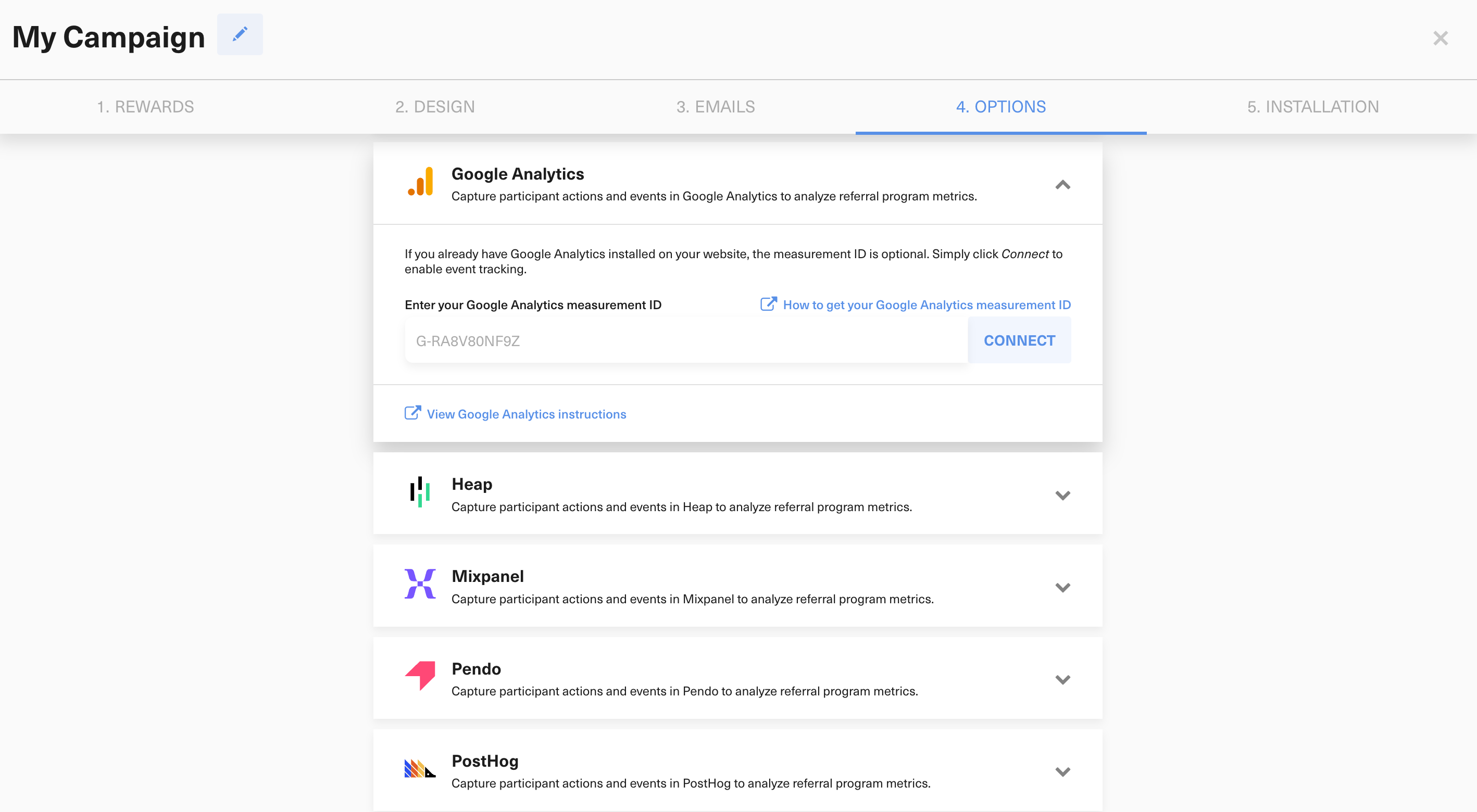 GrowSurf Google Analytics integration settings with enabled referral events