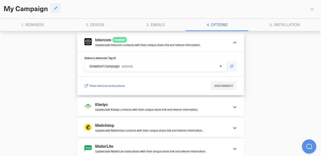 Intercom tag selection in GrowSurf