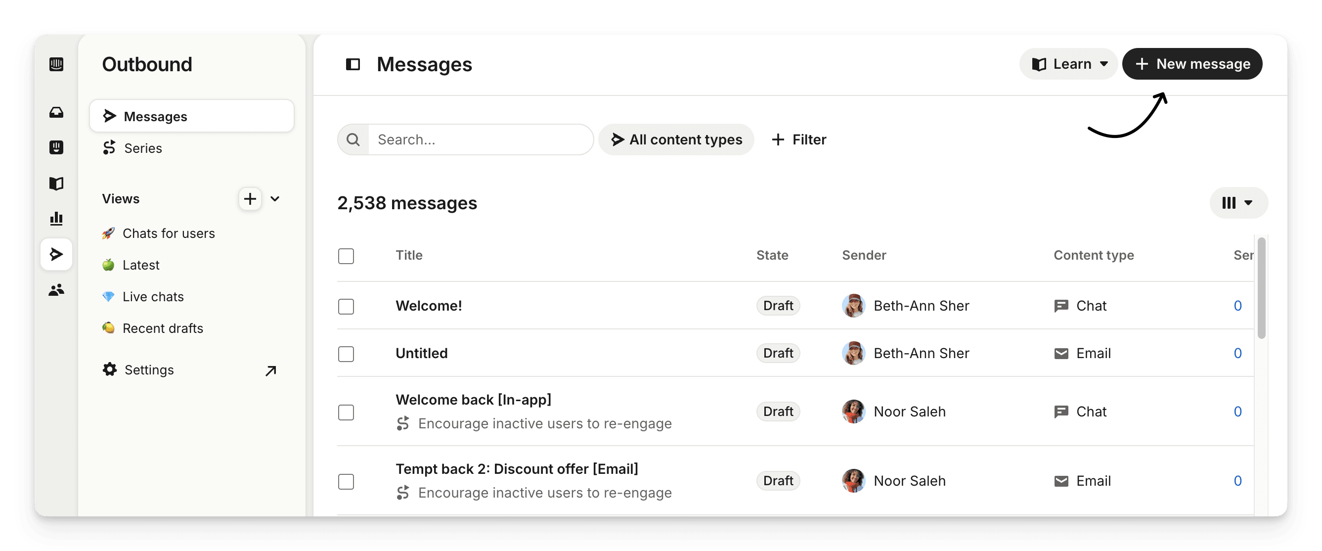 Intercom Outbound messages screen with the New message button