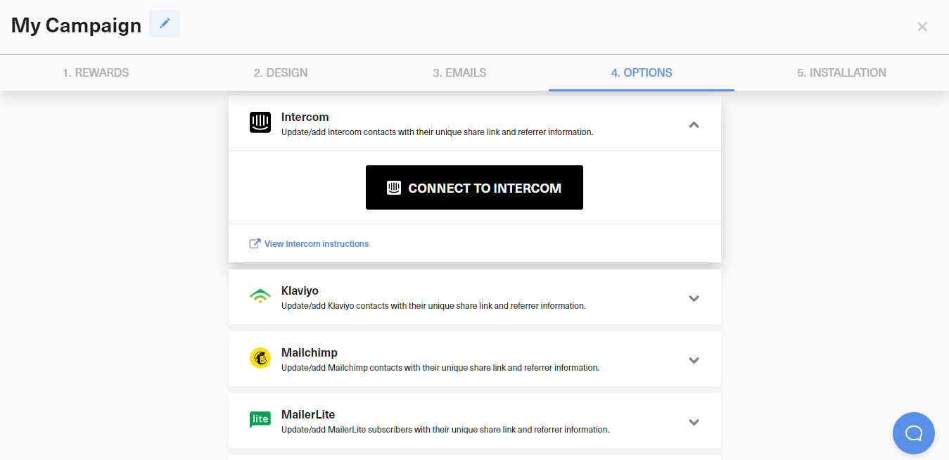 GrowSurf Intercom integration settings in the campaign editor