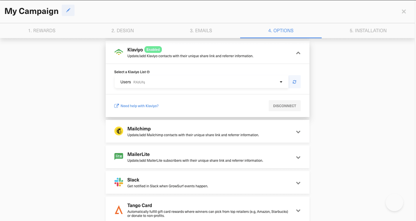 GrowSurf Klaviyo integration connected state