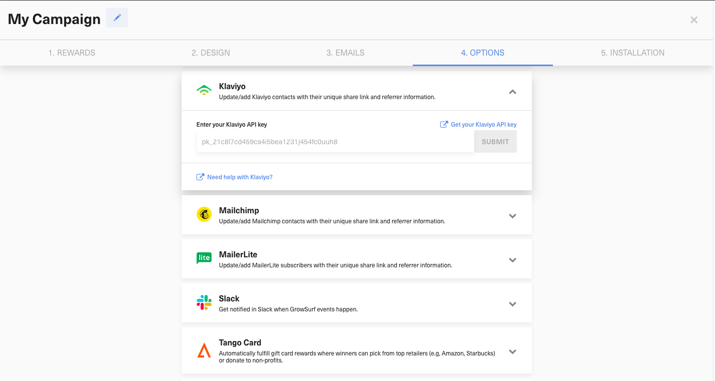 GrowSurf Klaviyo integration setup screen
