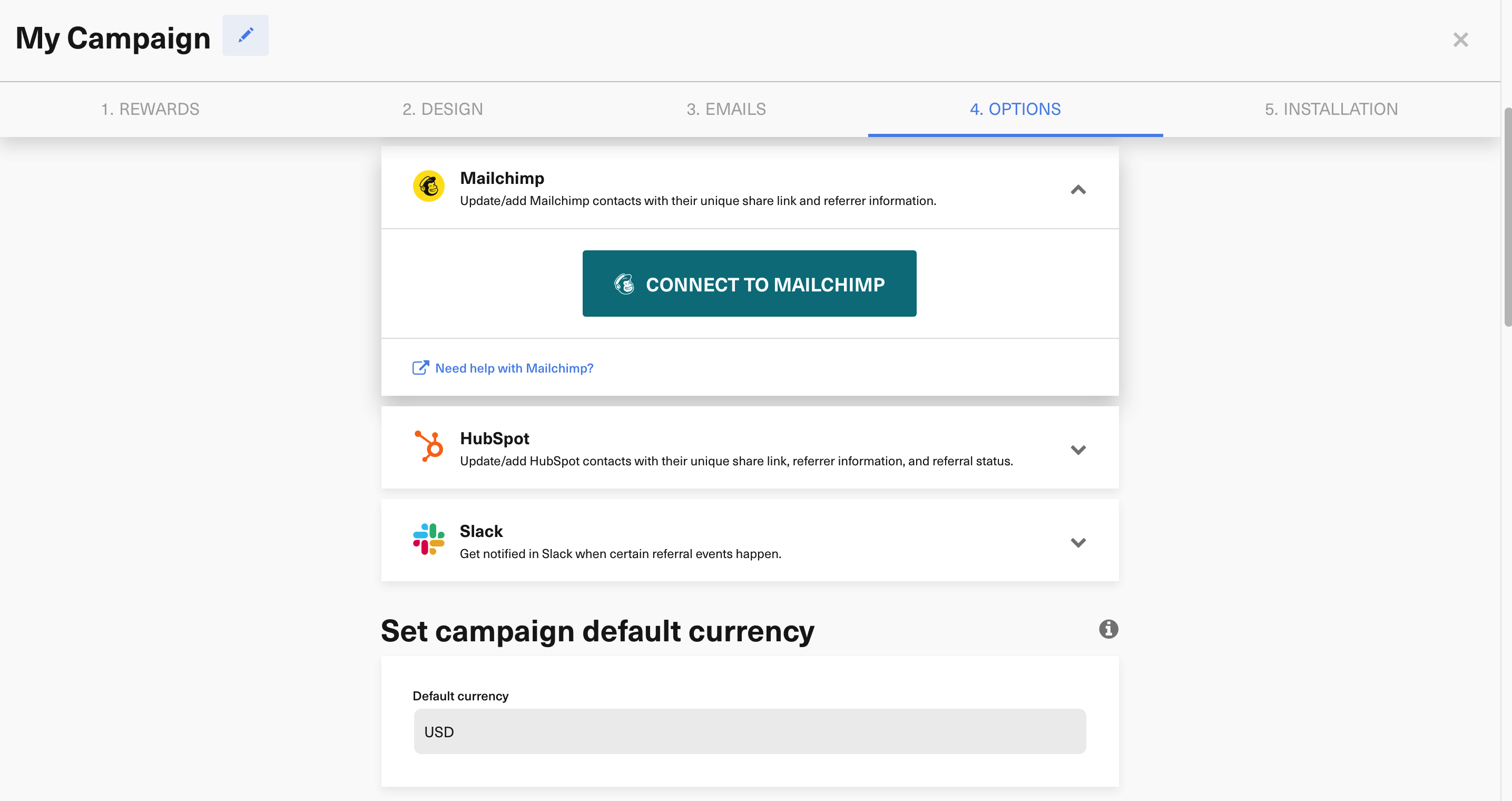 Mailchimp integration card inside GrowSurf