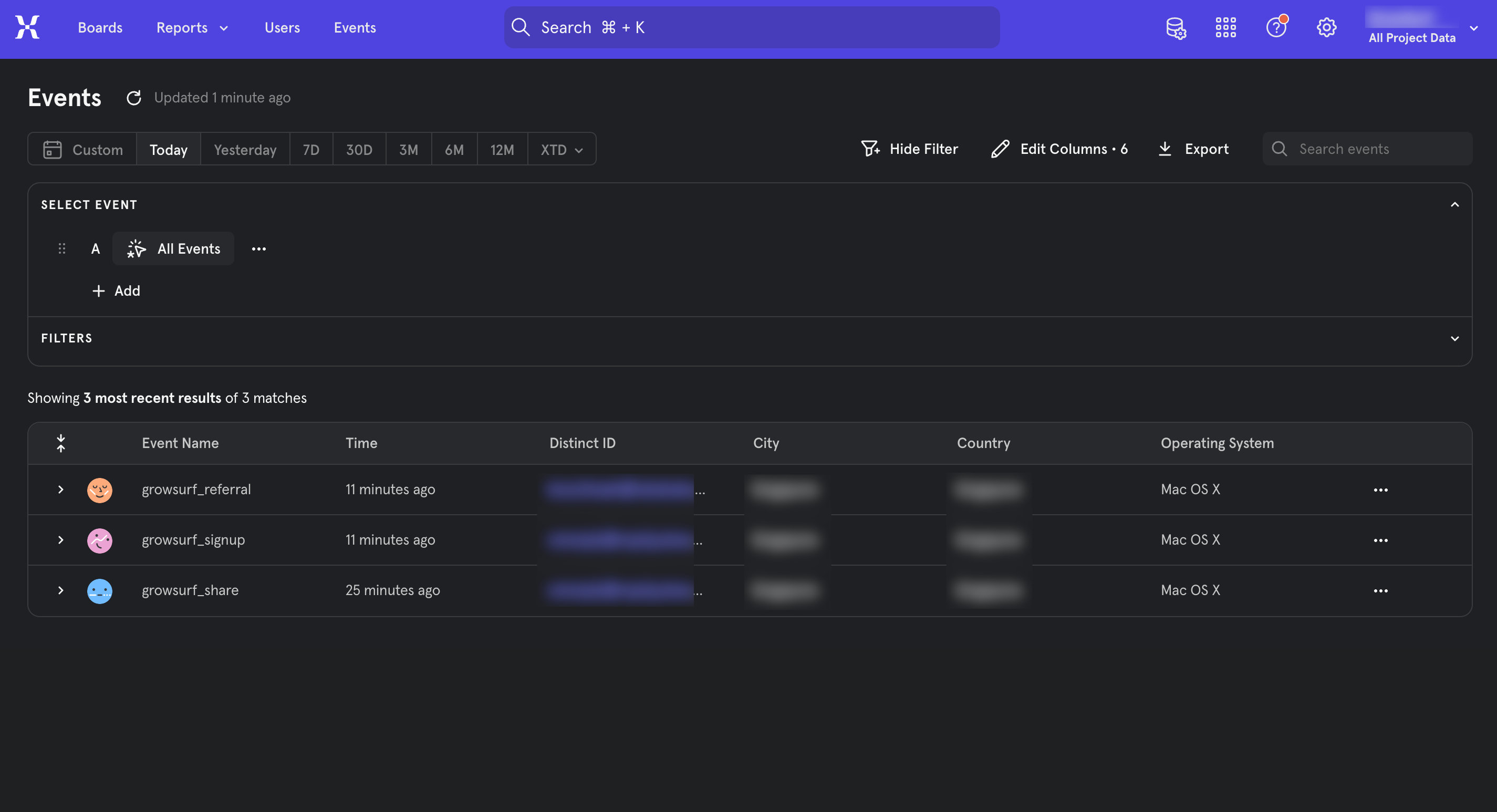 Mixpanel Events view showing GrowSurf referral events