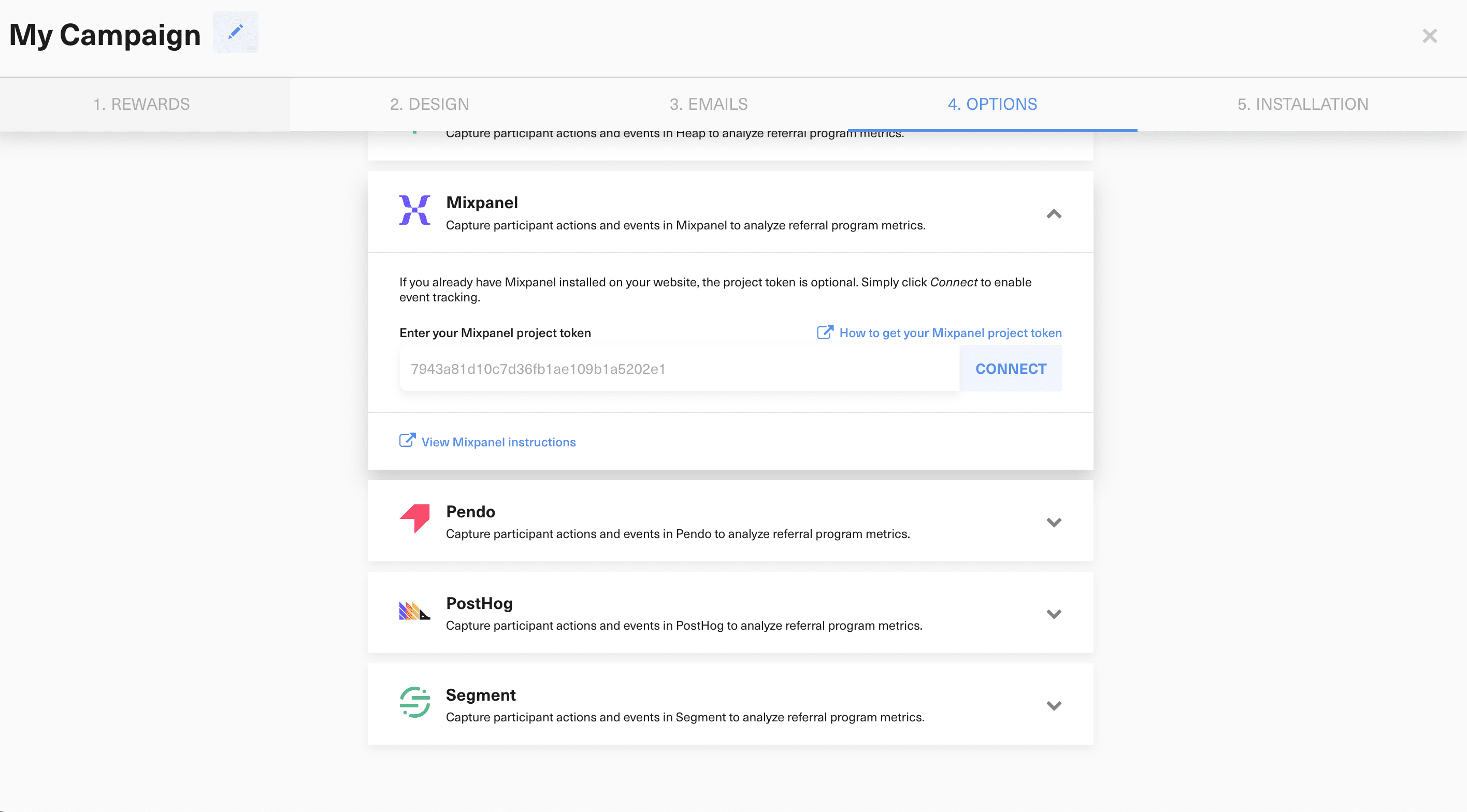 GrowSurf Mixpanel integration settings with project token field