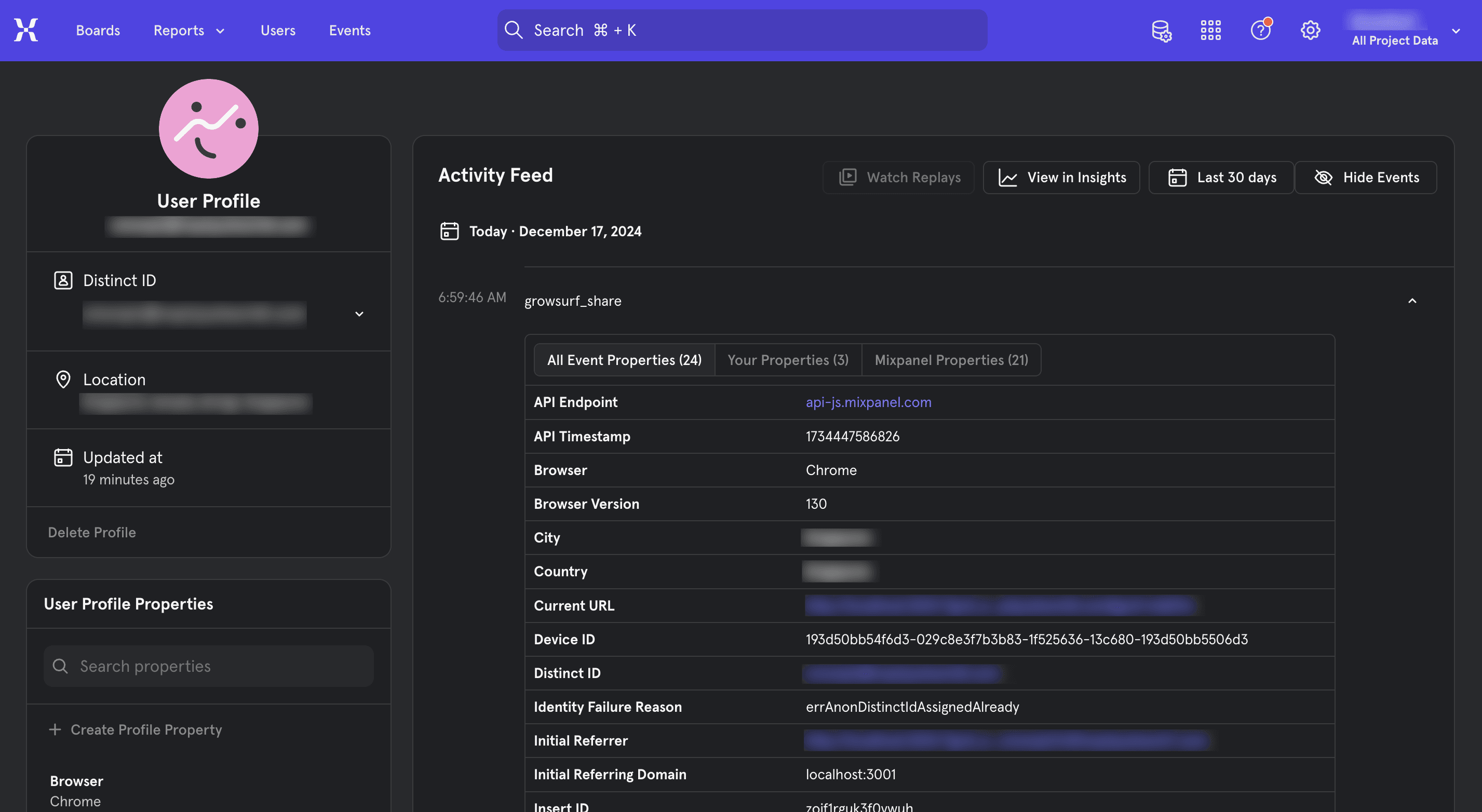Mixpanel user profile showing GrowSurf event details