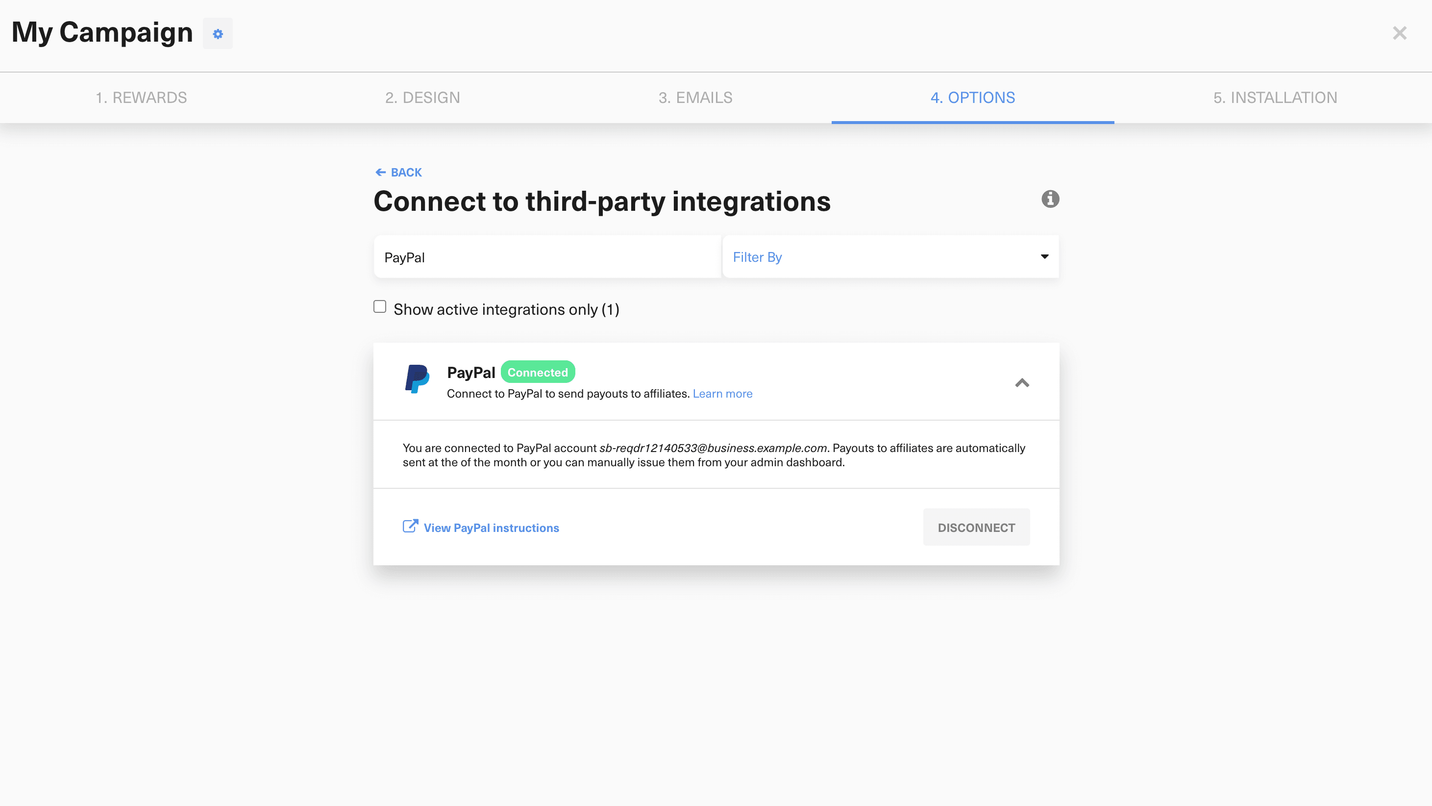 Connected PayPal account details in GrowSurf campaign options