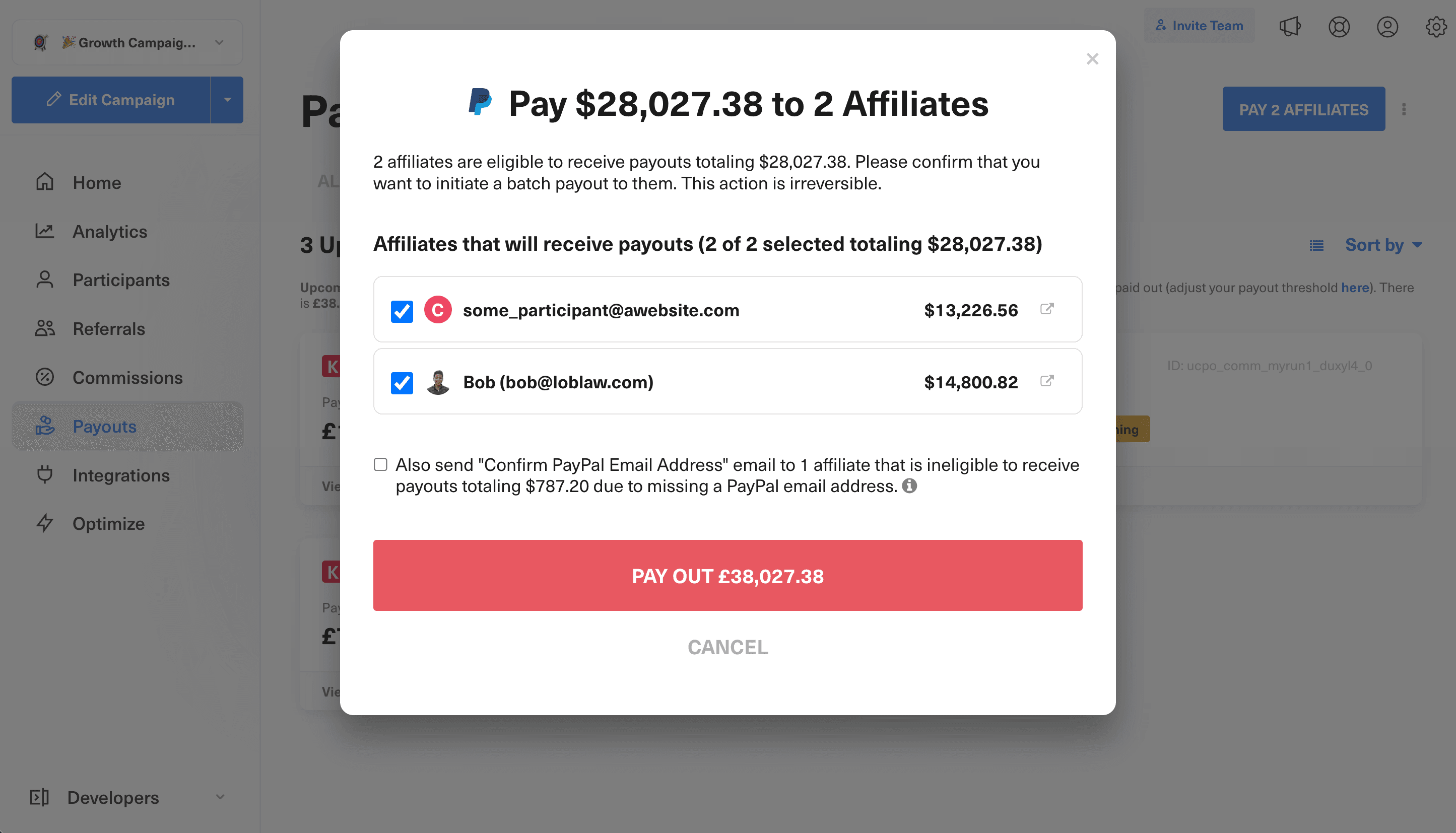 Pay Affiliates payout review modal in GrowSurf