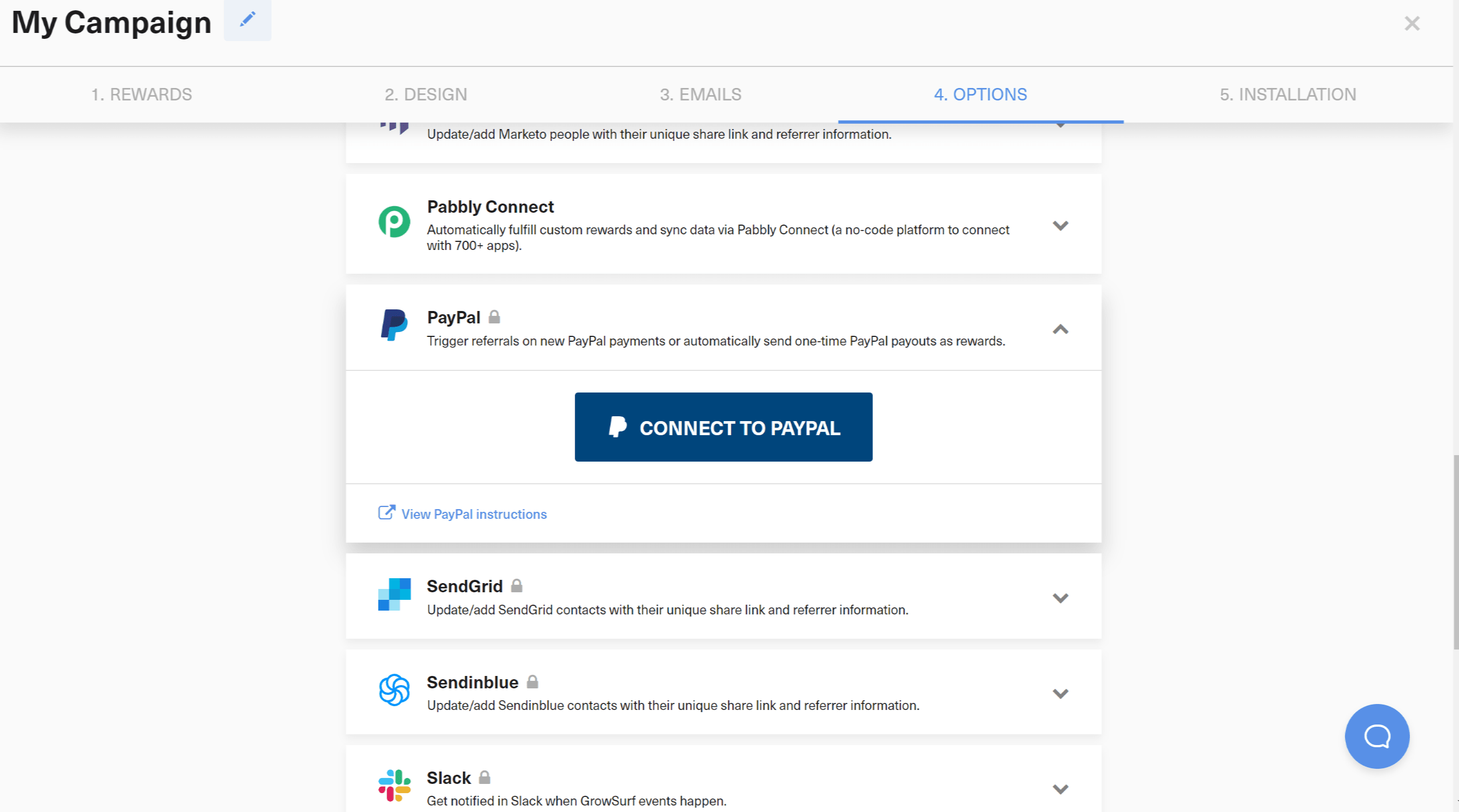 Connect to PayPal button in GrowSurf campaign integrations
