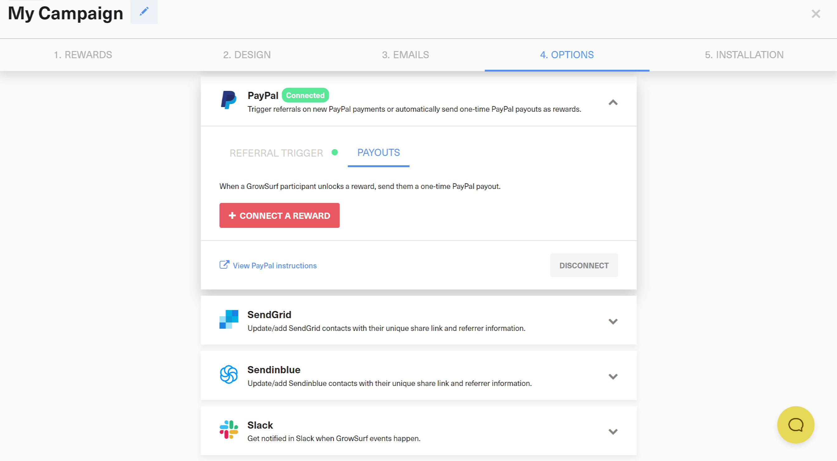 Connect a Reward button in the PayPal payouts tab in GrowSurf