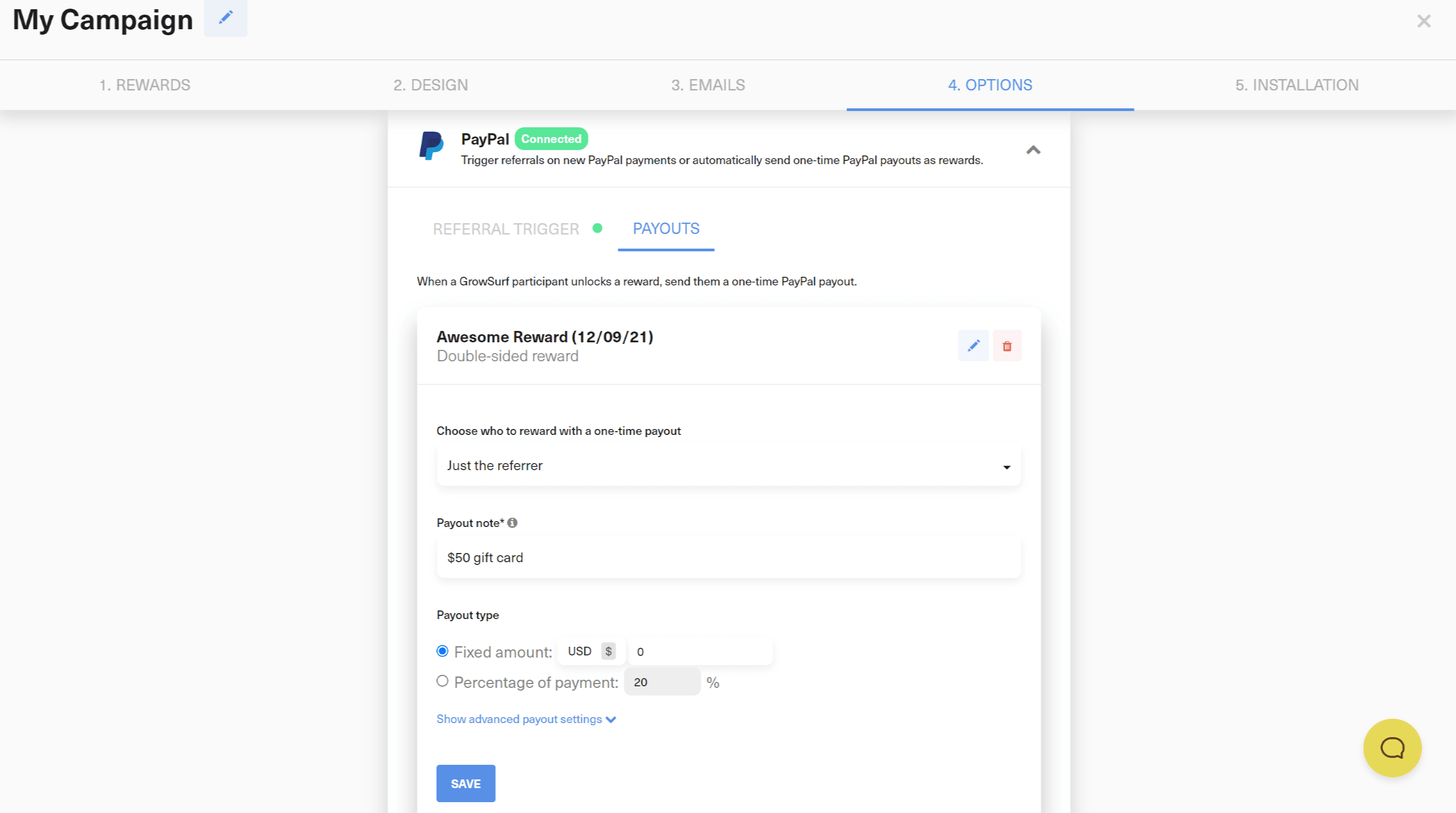 PayPal payout reward settings form in GrowSurf