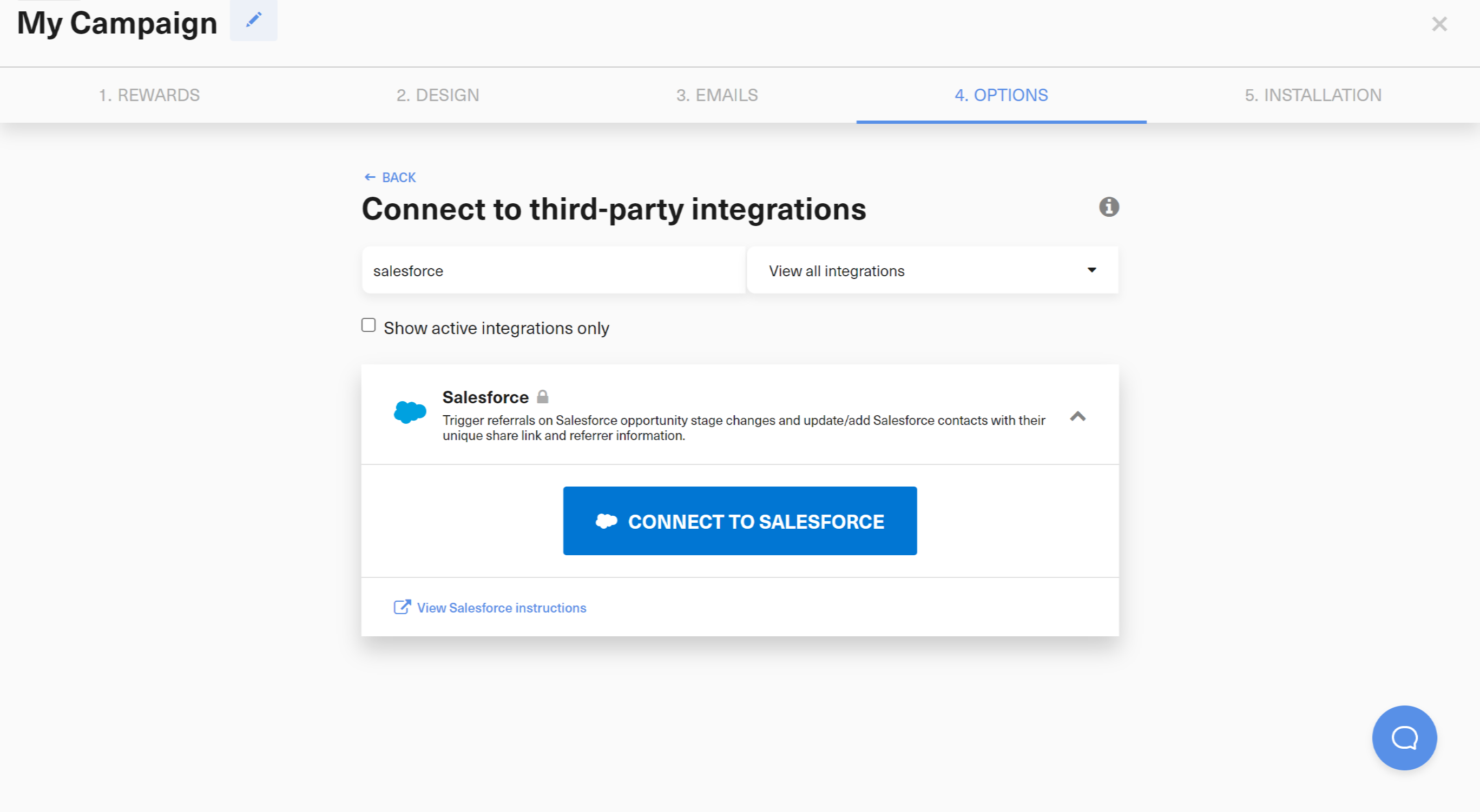 GrowSurf Campaign Editor integrations step with the Connect to Salesforce button