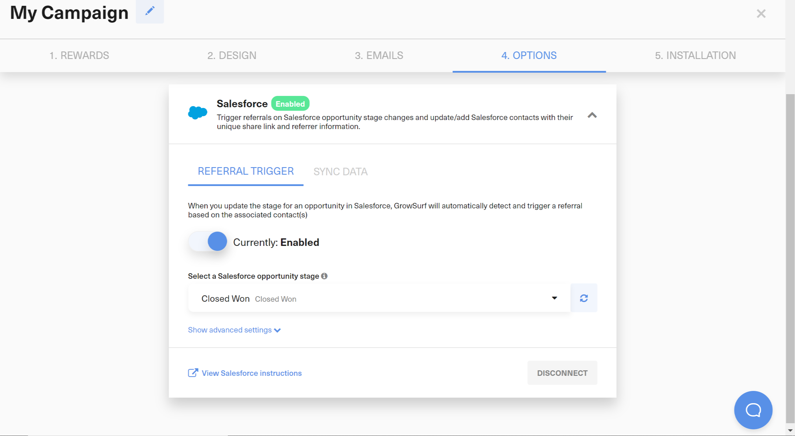 GrowSurf dropdown for selecting a Salesforce opportunity stage