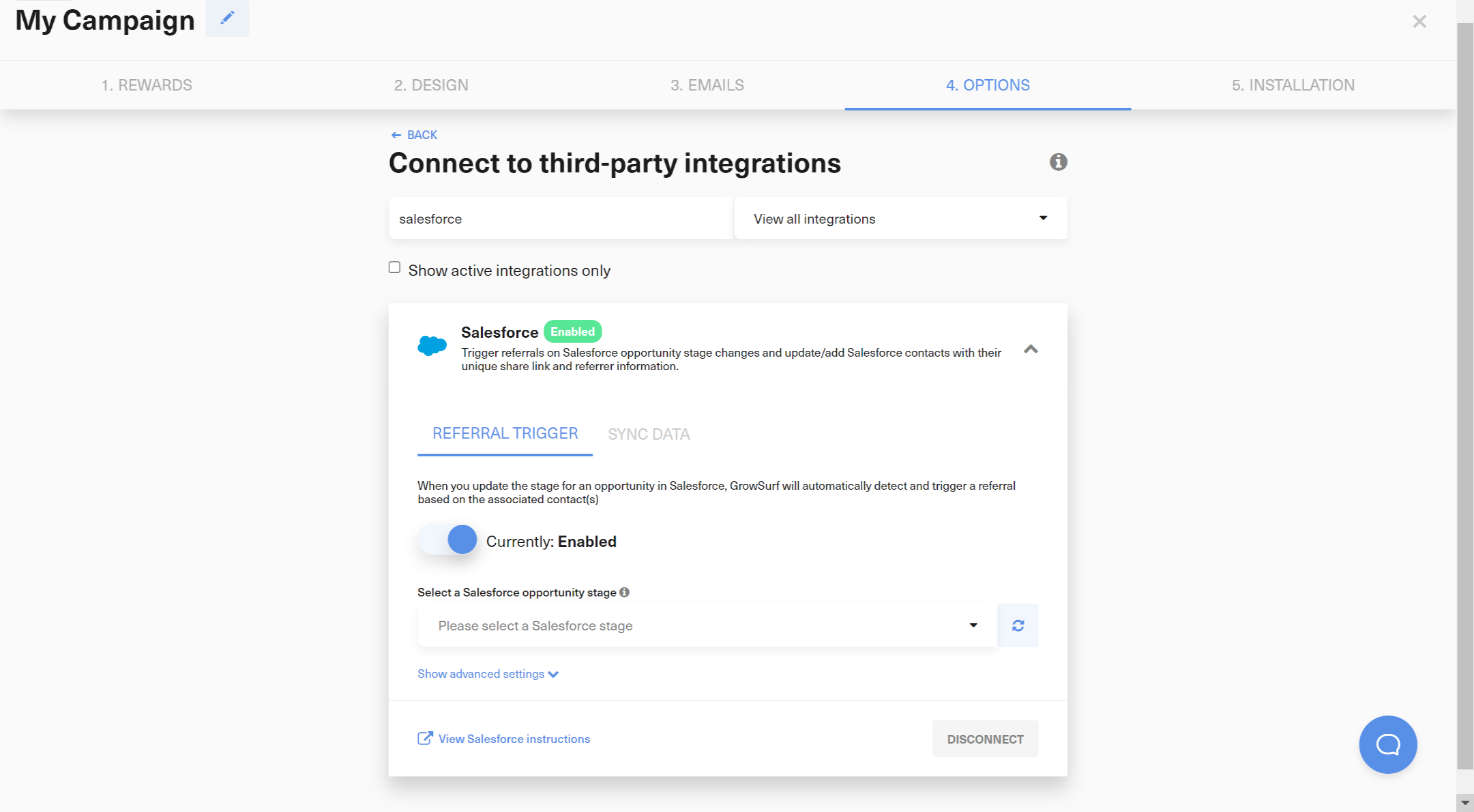 Salesforce Referral Trigger tab in GrowSurf
