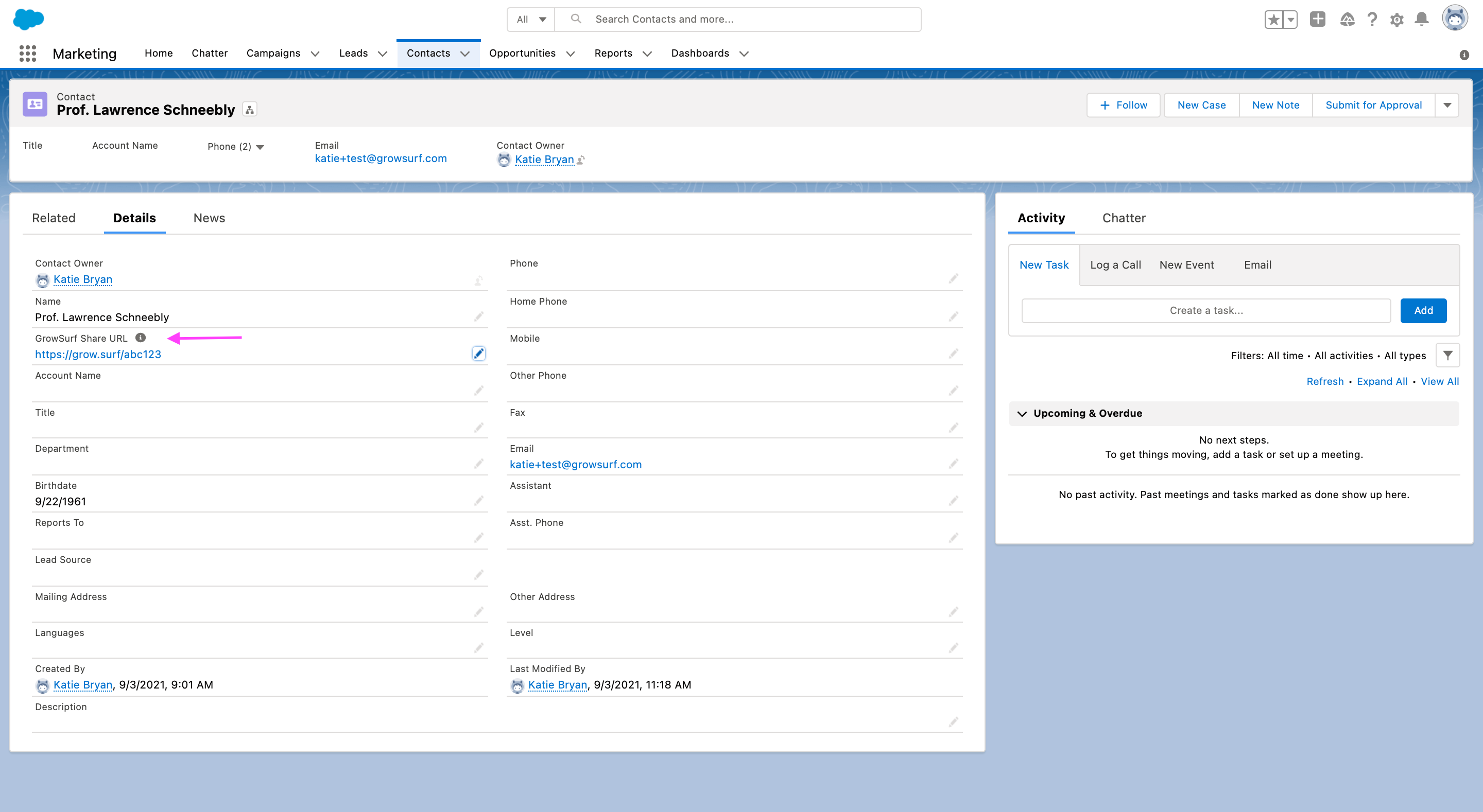 Salesforce contact record with GrowSurf custom fields visible on the page layout
