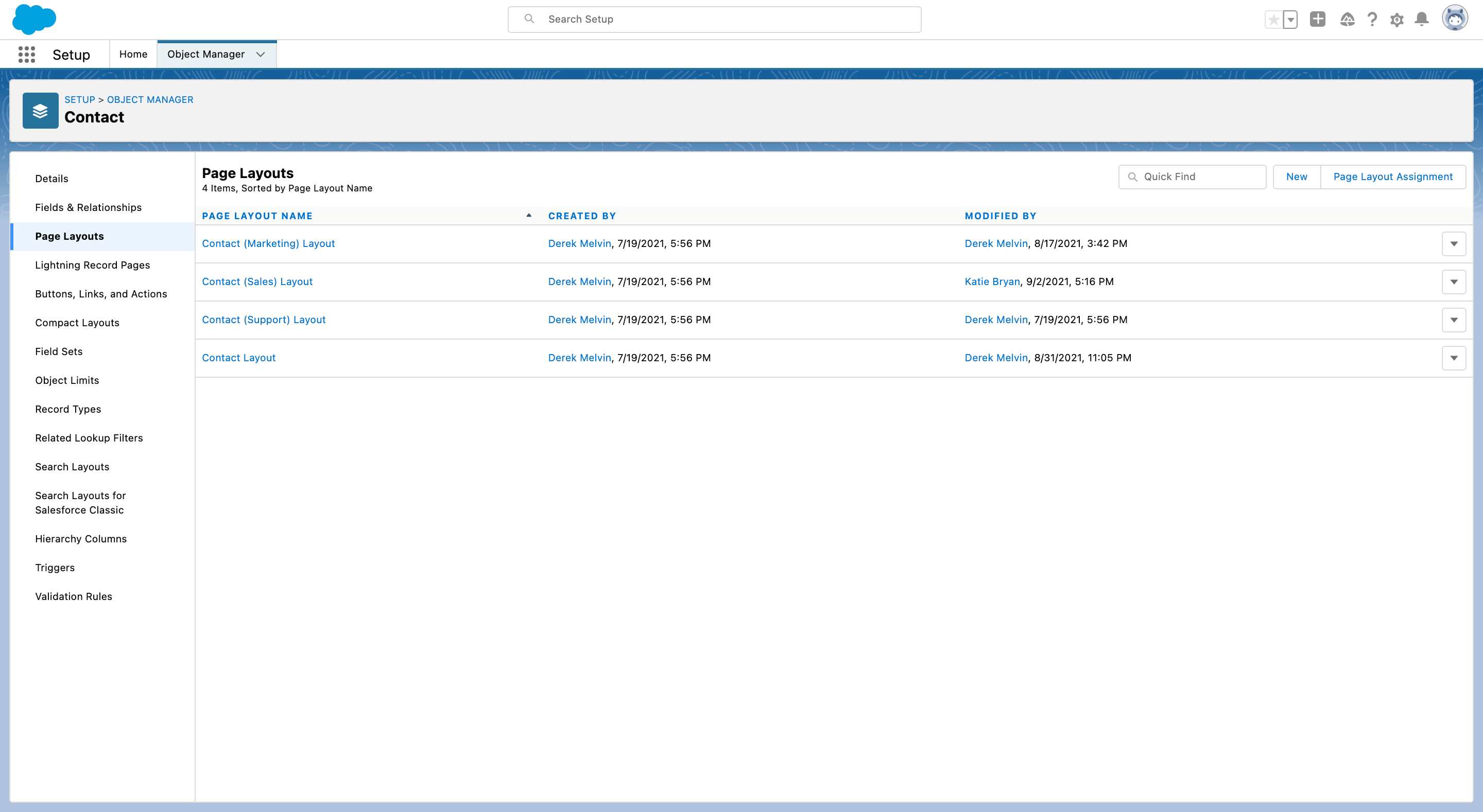 Salesforce Contact page layouts screen
