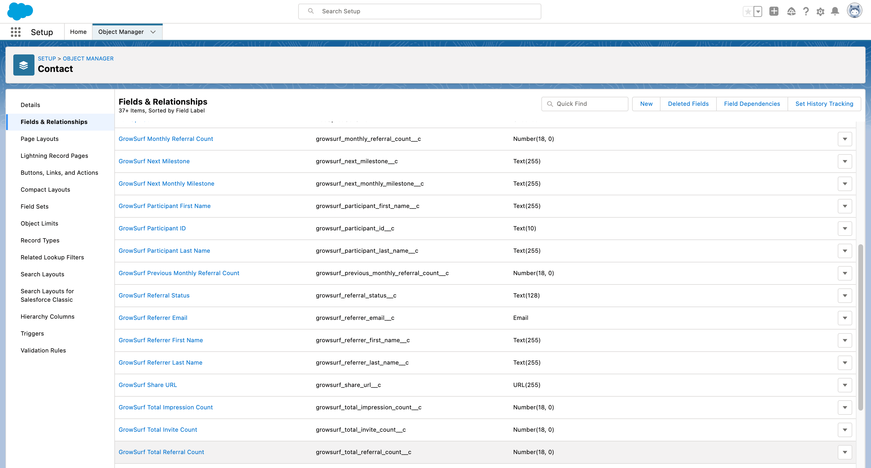 Salesforce Contact Fields and Relationships screen