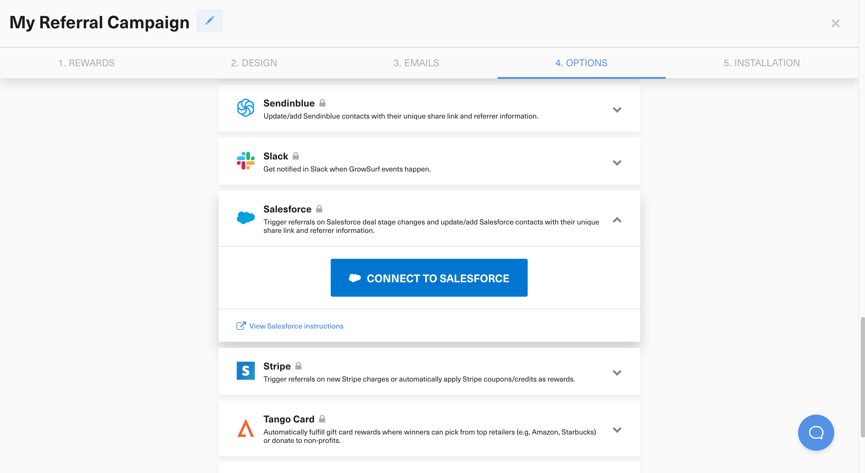 GrowSurf Campaign Editor integrations screen with the Connect to Salesforce button