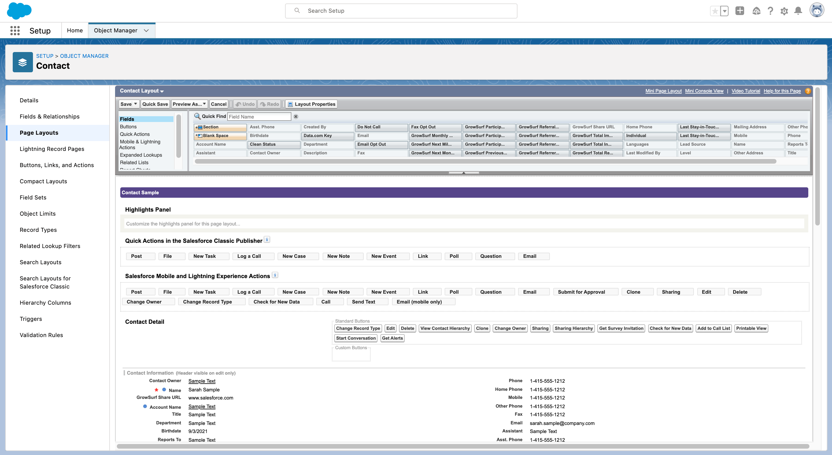 Salesforce page layout selection screen for contacts