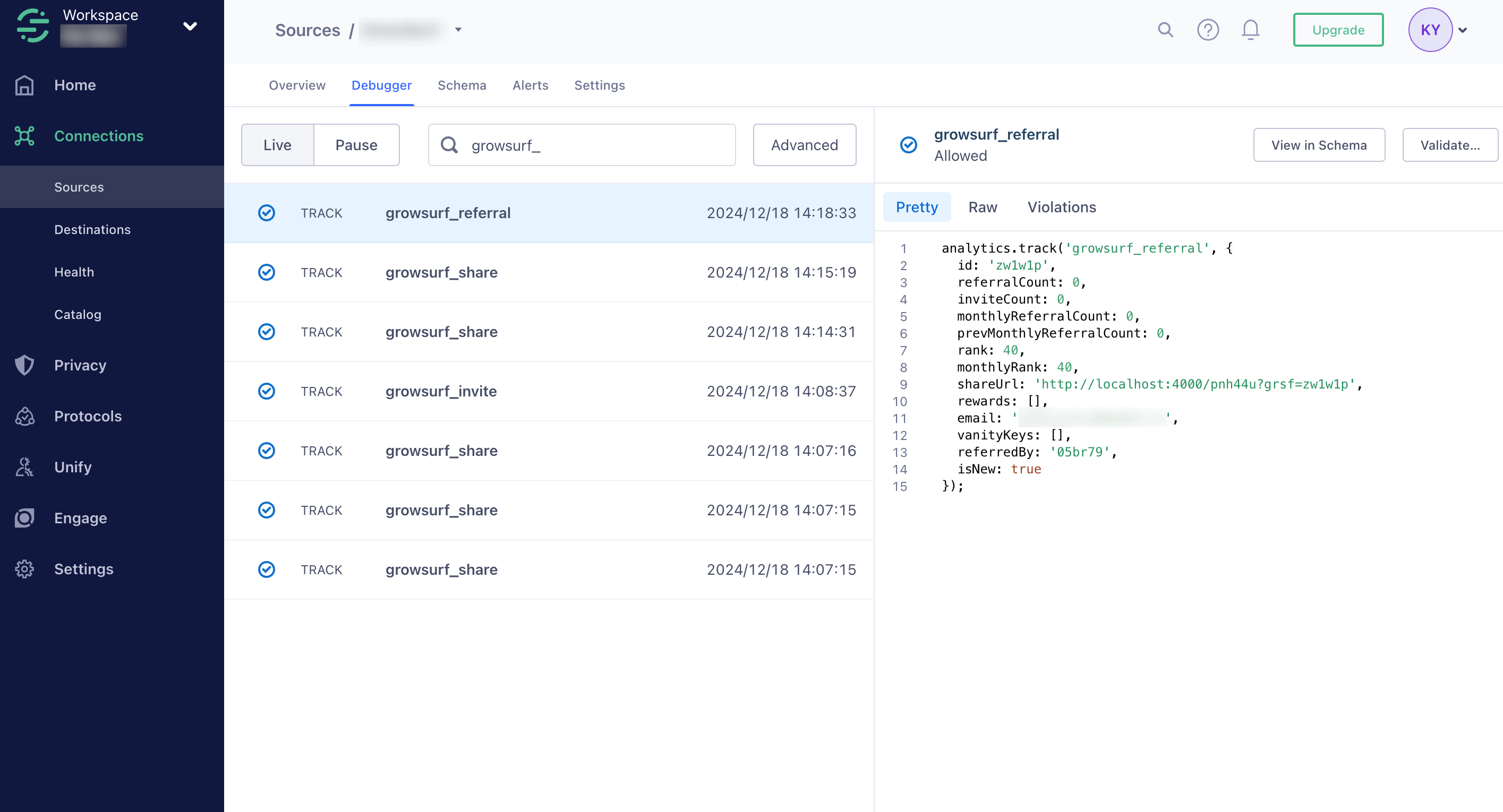 Segment Source Debugger showing GrowSurf events
