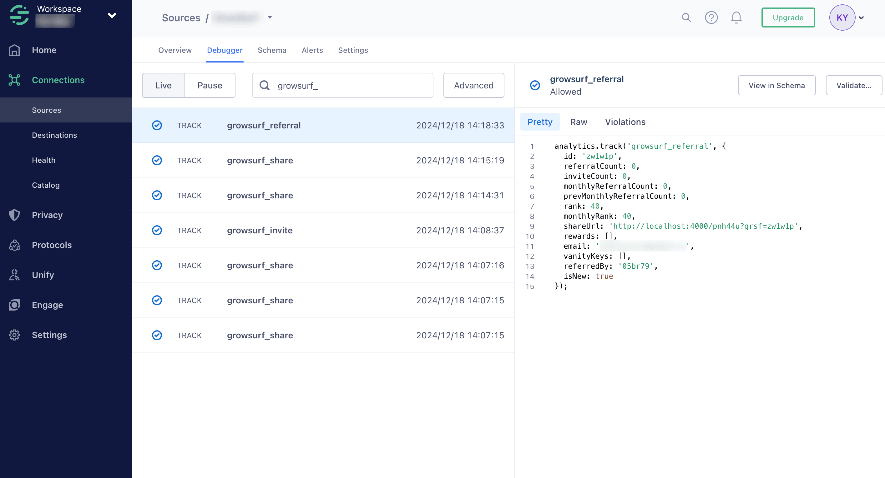 Segment Source Debugger showing GrowSurf referral events