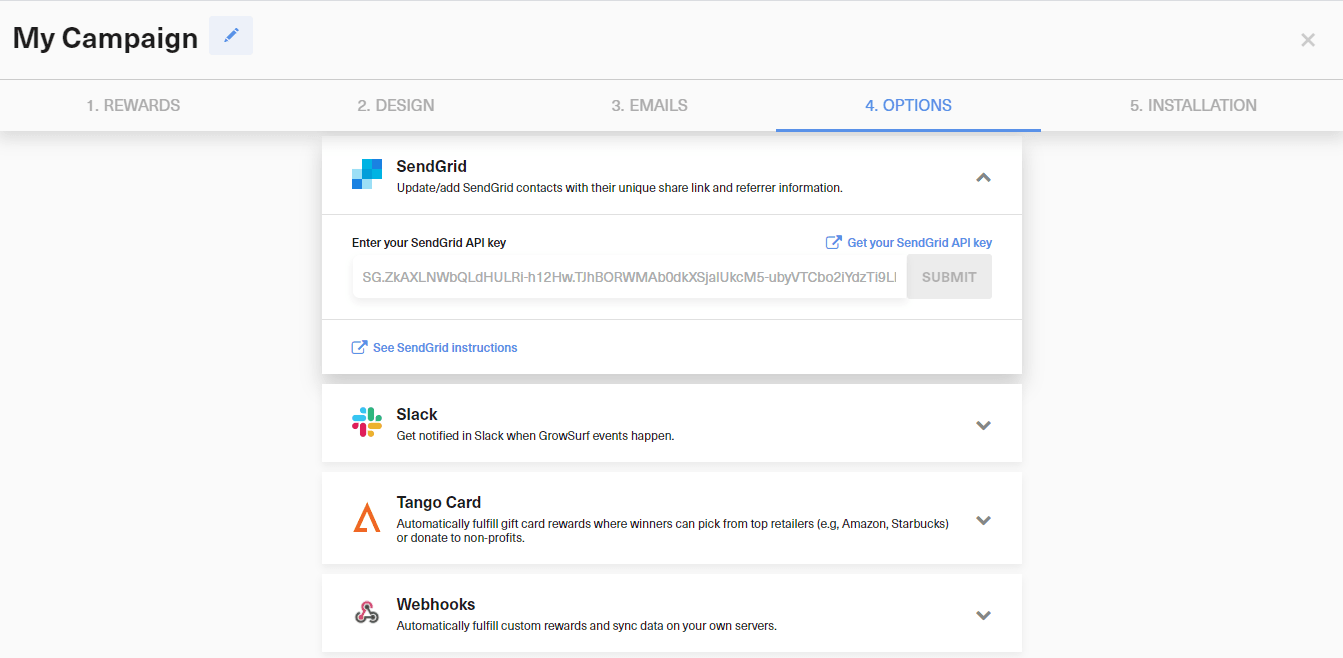 SendGrid integration settings inside the GrowSurf campaign editor