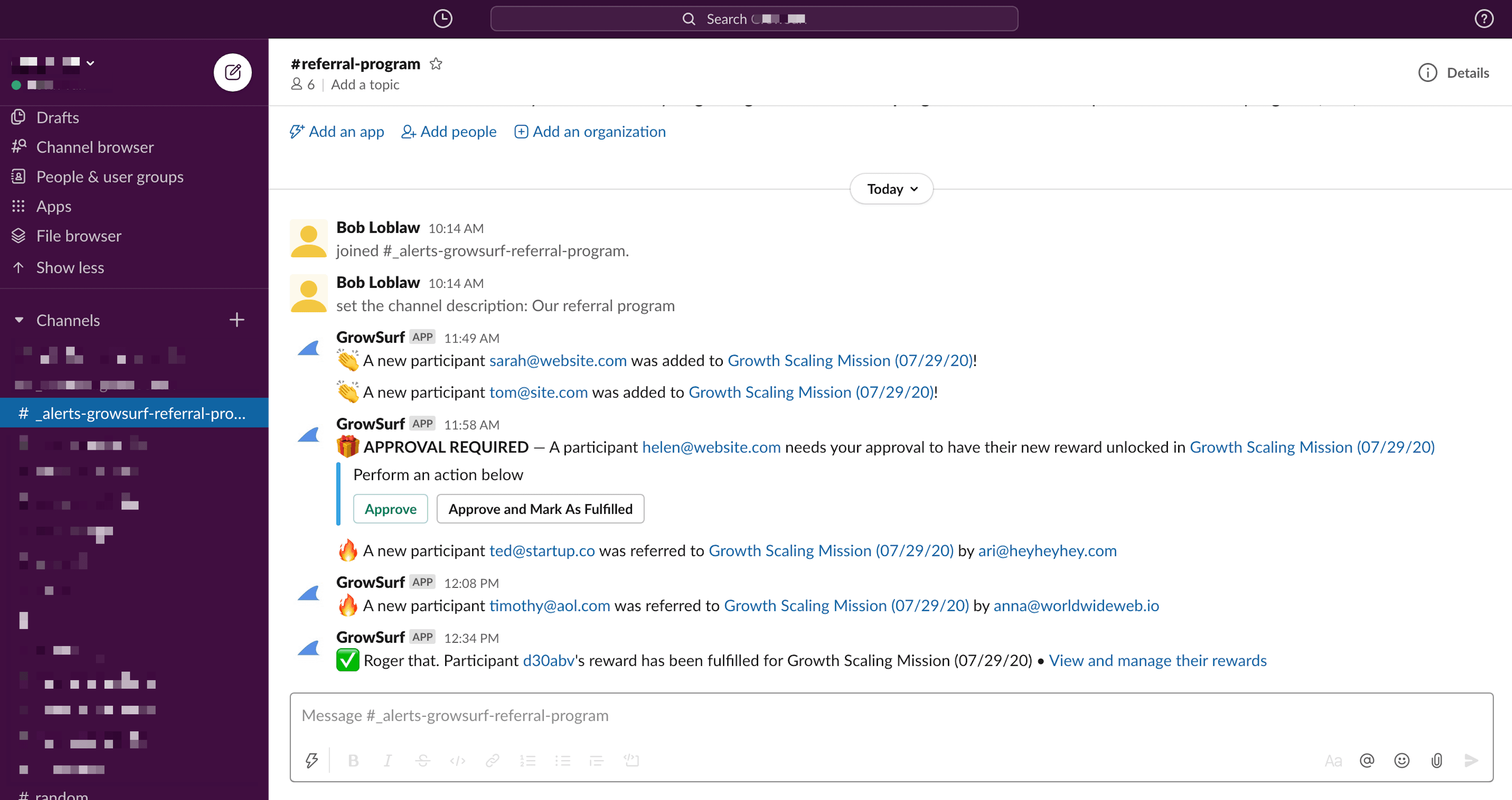 Slack channel showing GrowSurf participant alerts and reward approval actions