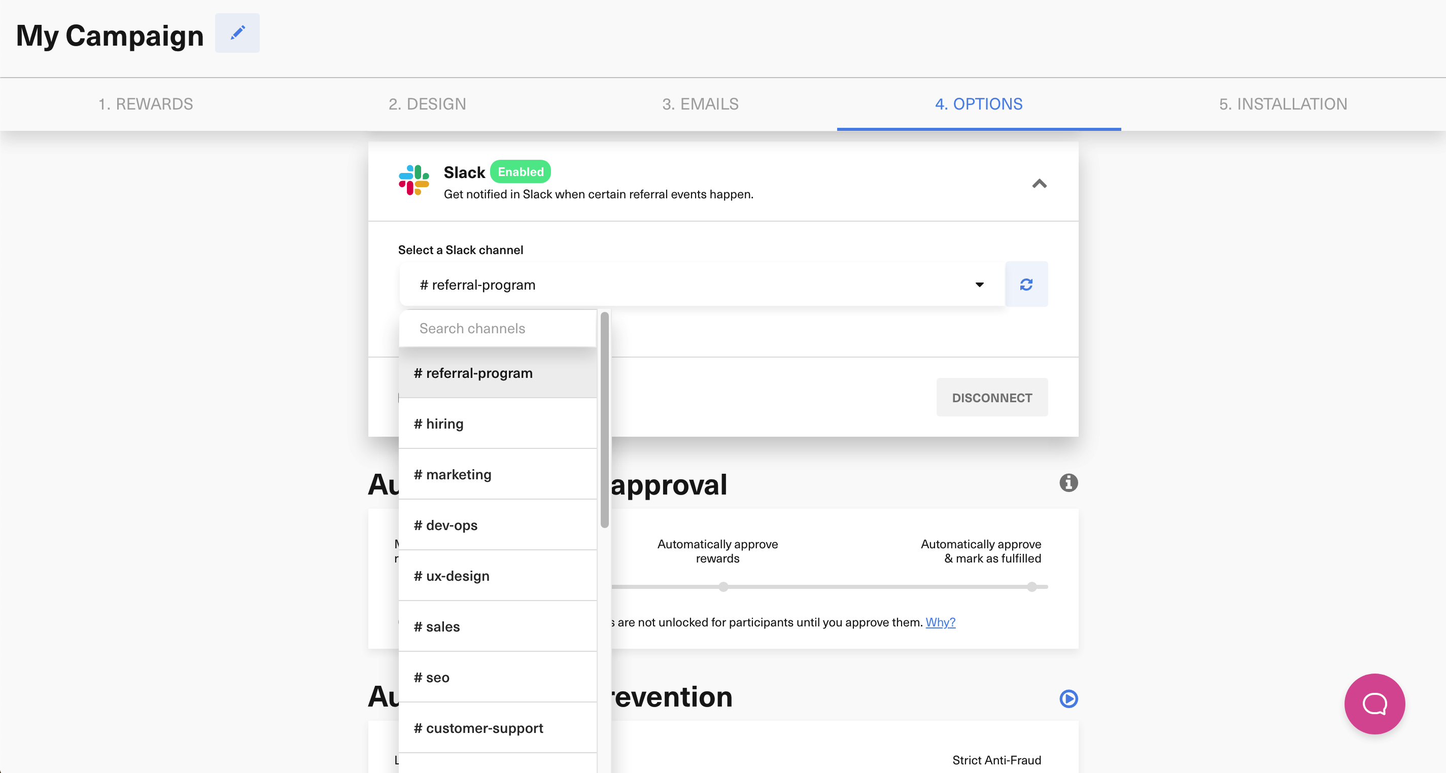 Slack channel picker during GrowSurf Slack setup