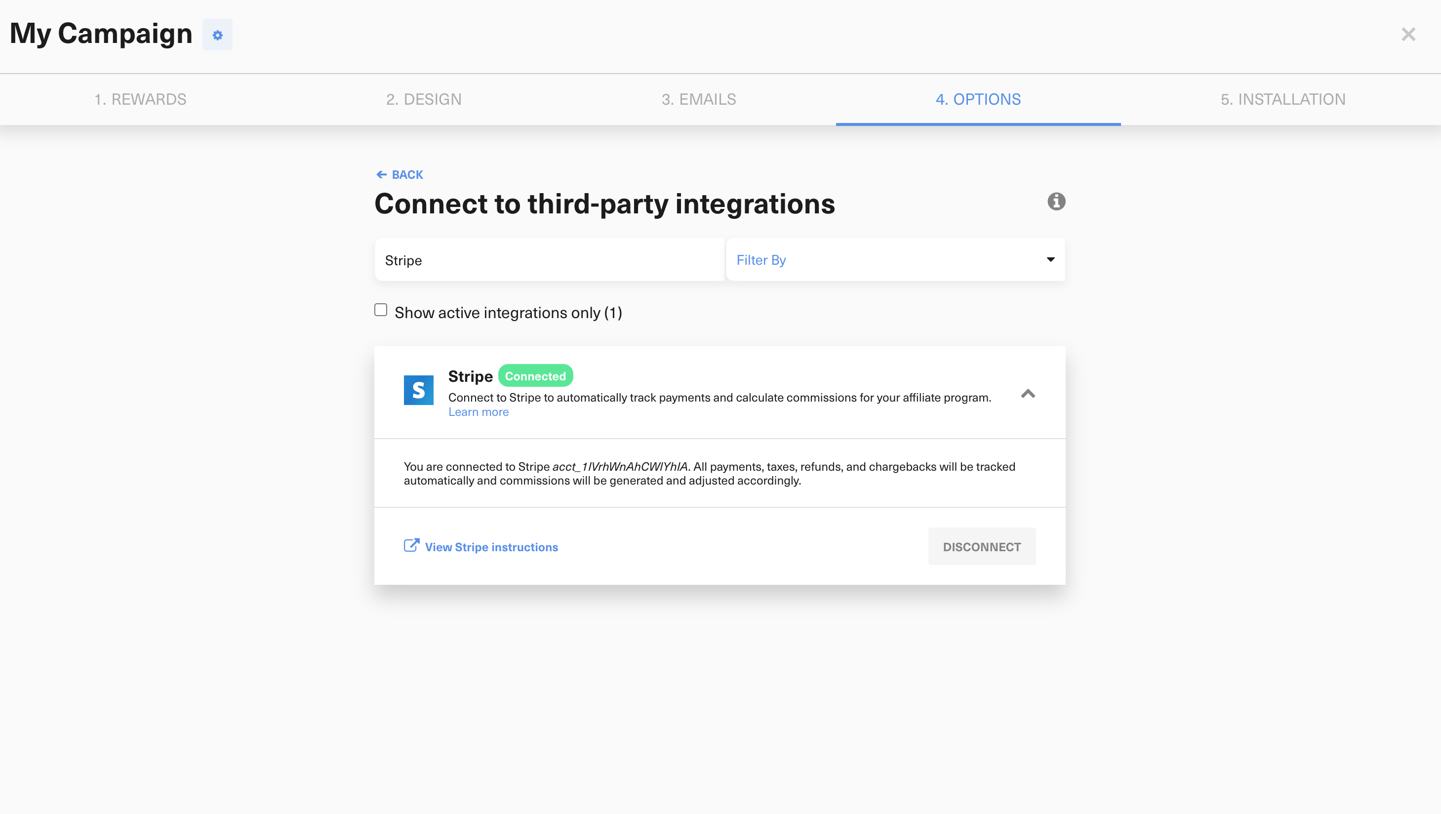 Connected Stripe affiliate integration in GrowSurf