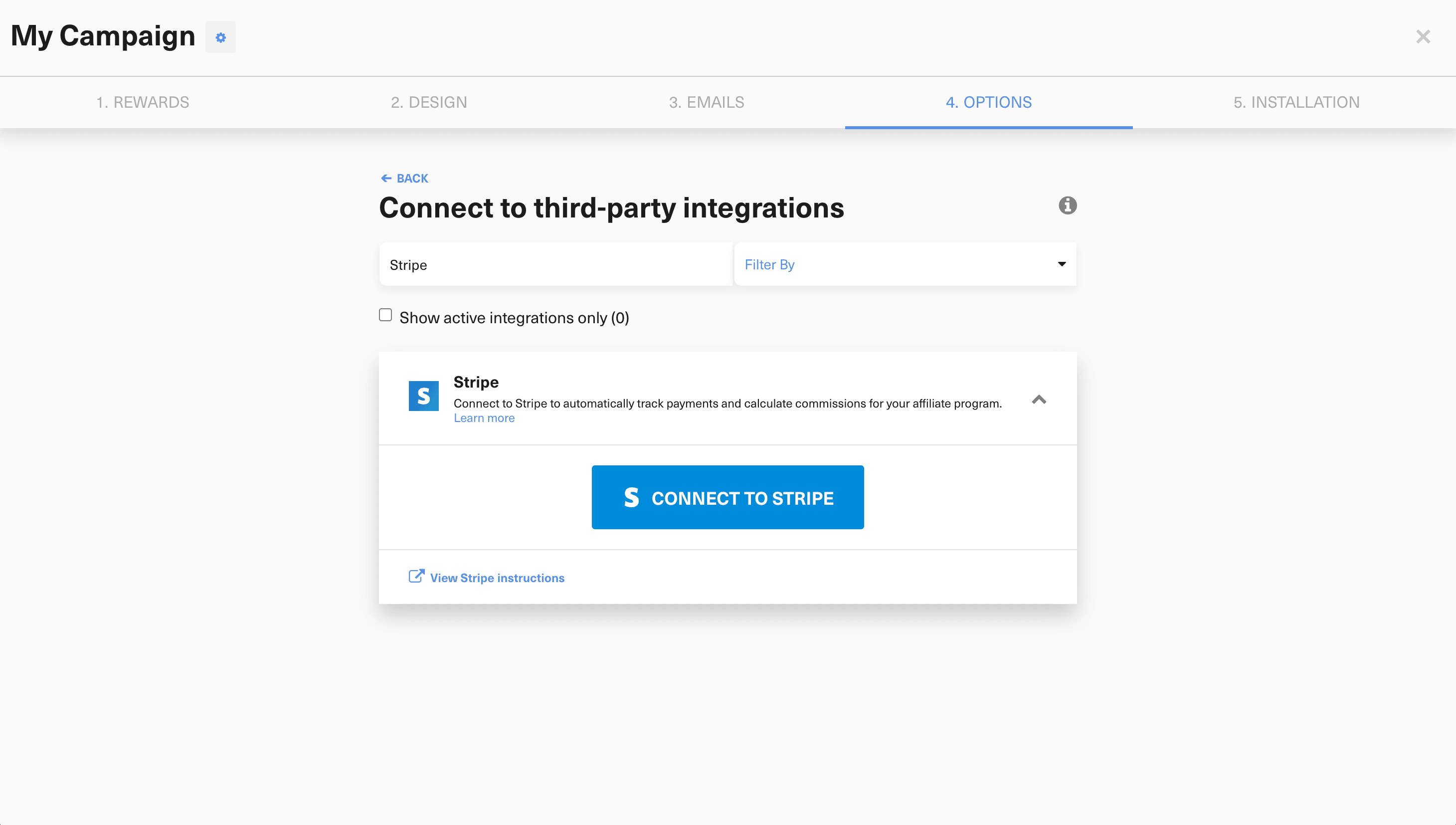 Connect to Stripe button inside GrowSurf affiliate program integrations