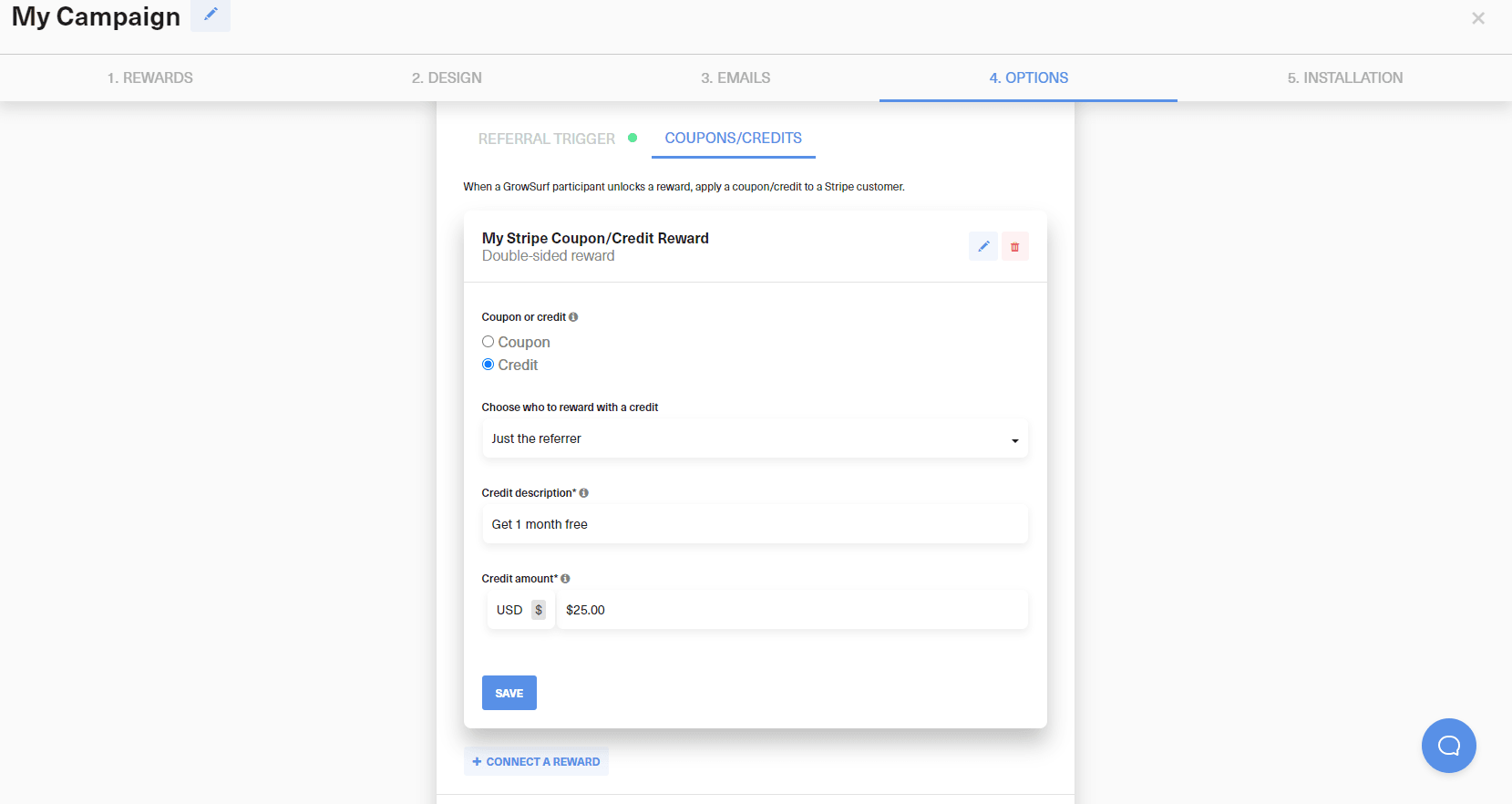 Stripe credit reward settings in GrowSurf