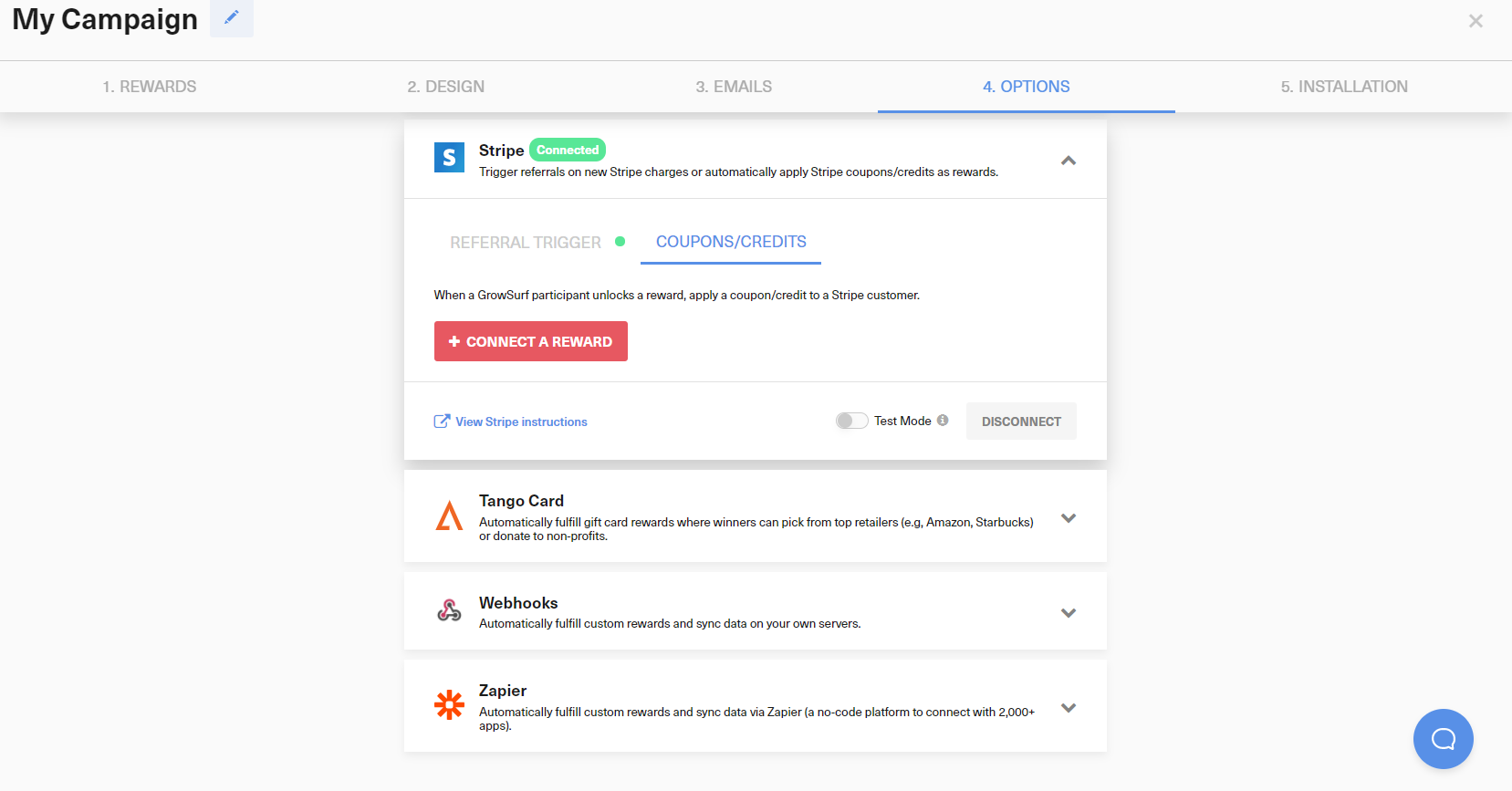 Stripe Coupons and Credits tab in GrowSurf