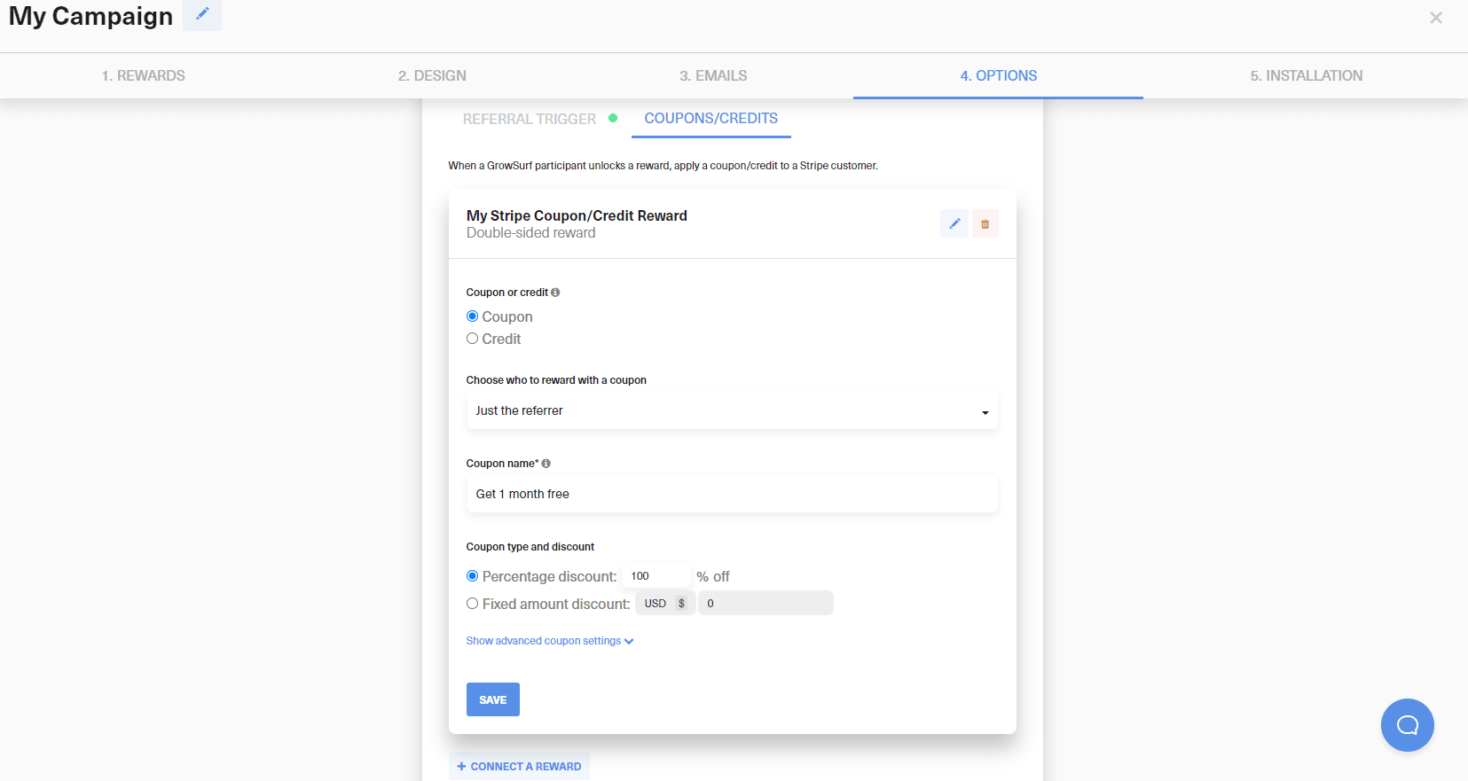 Stripe coupon reward settings in GrowSurf