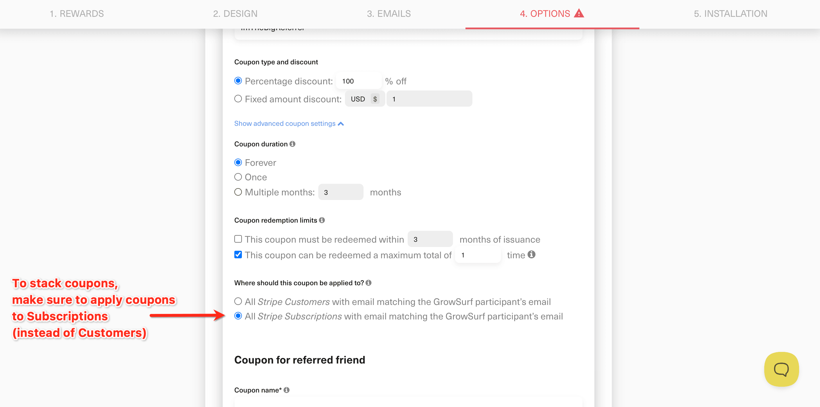 Stripe subscription coupon targeting options in GrowSurf