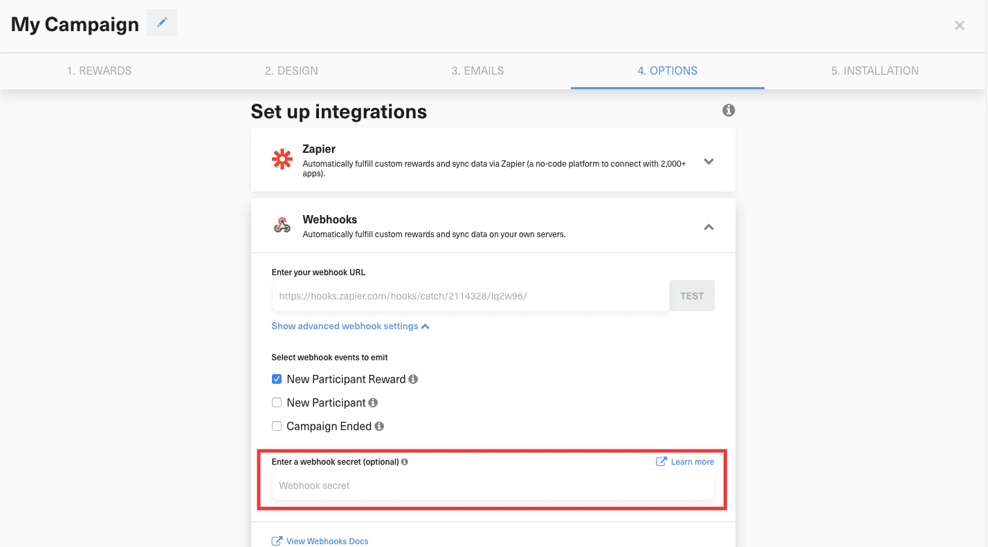 Advanced Webhooks settings showing event selection and secret field