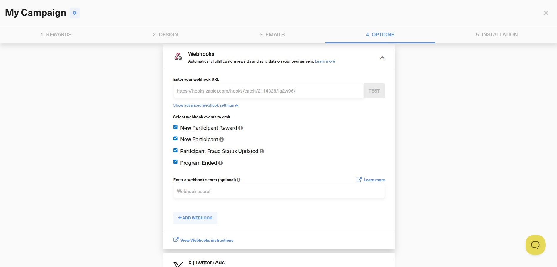 GrowSurf Webhooks settings in the Program Editor