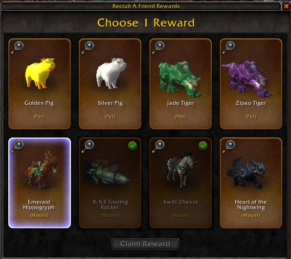 wow recruit a friend mounts and pets