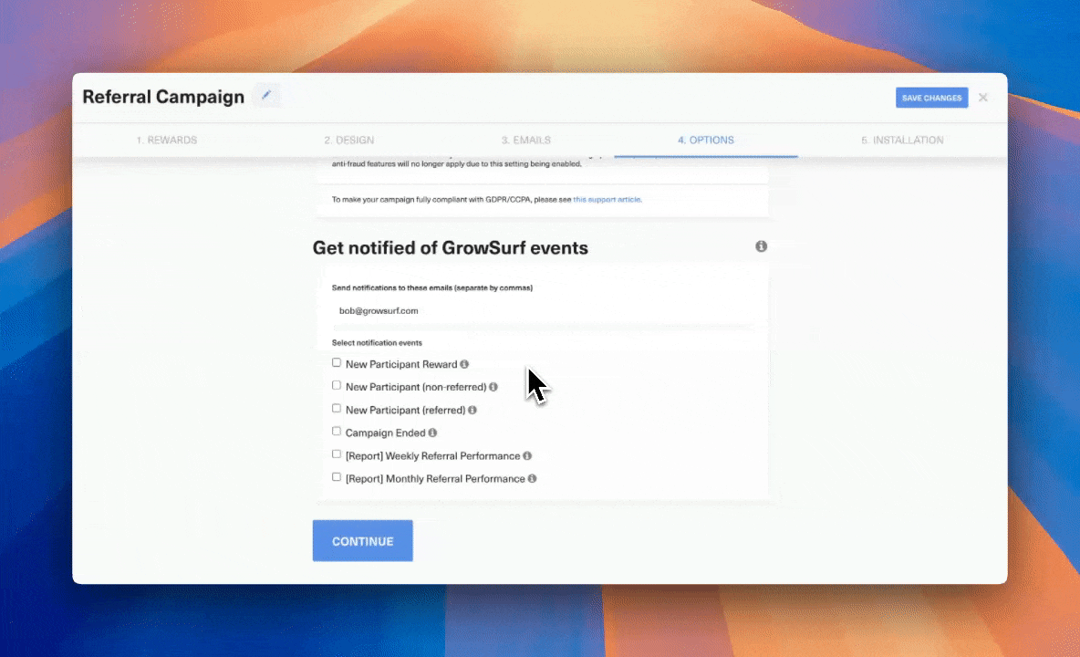 Admin Email Notifications in GrowSurf
